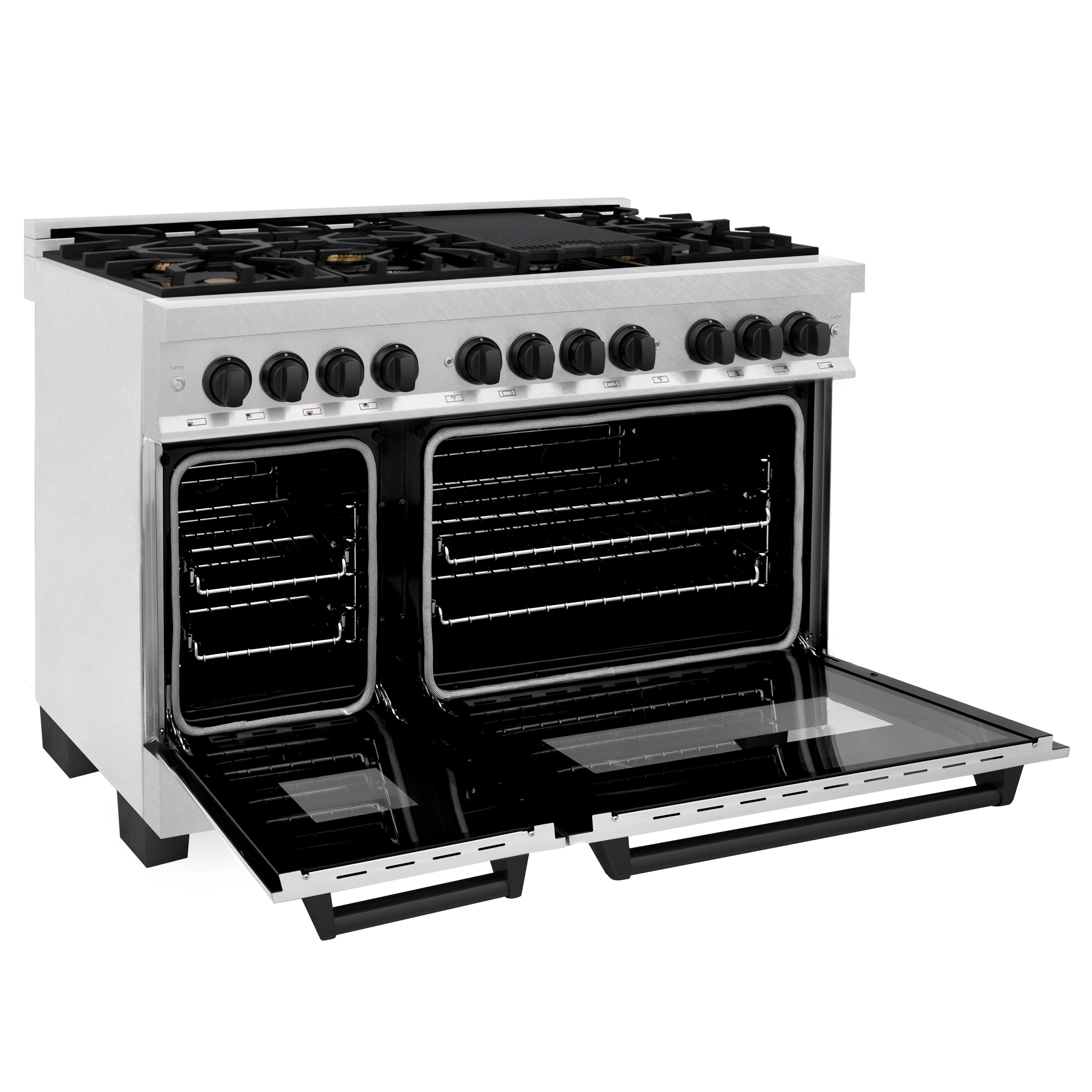 ZLINE Autograph Edition 48 in. 6.0 cu. ft. Legacy Dual Fuel Range with 7 Burner Gas Cooktop and 2 Electric Ovens in Satin Stainless Steel and Matte Black Accents (RASZ-SN-48-MB)