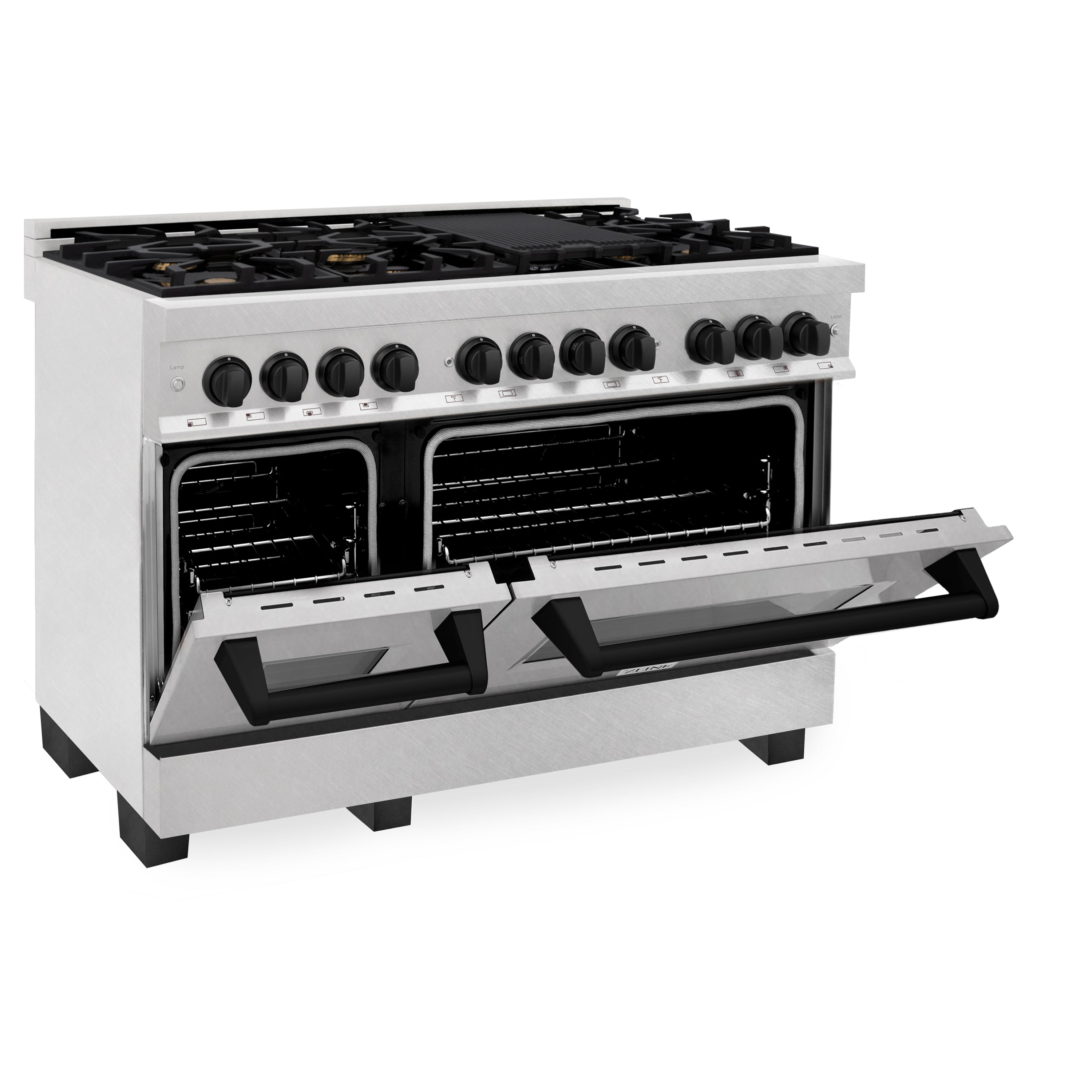 ZLINE Autograph Edition 48 in. 6.0 cu. ft. Legacy Dual Fuel Range with 7 Burner Gas Cooktop and 2 Electric Ovens in Satin Stainless Steel and Matte Black Accents (RASZ-SN-48-MB)