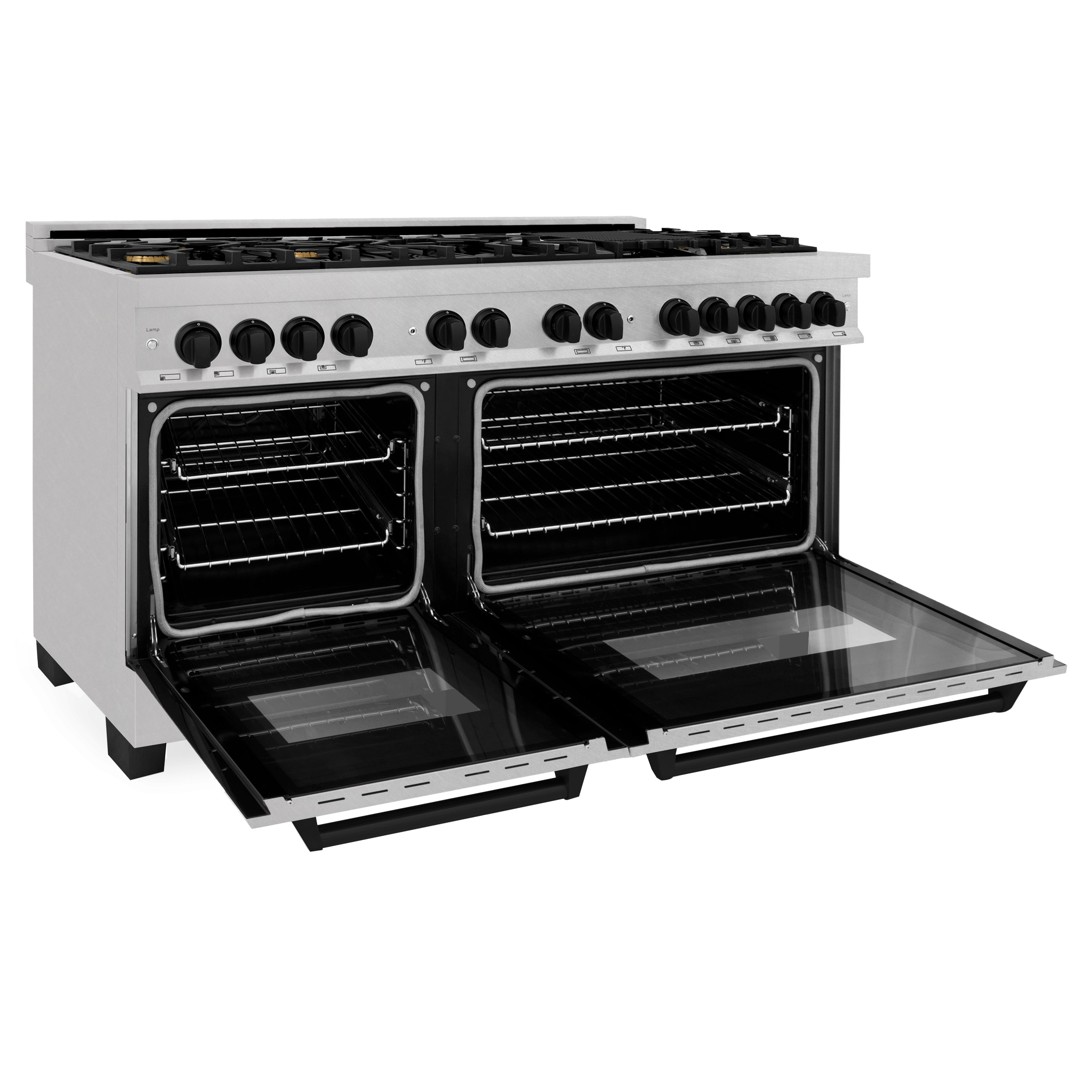 ZLINE Autograph Edition 60 in. 7.4 cu. ft. Legacy Dual Fuel Range with 9 Burner Gas Cooktop and 2 Electric Convection Ovens in Satin Stainless Steel and Matte Black Accents (RASZ-SN-60-MB)
