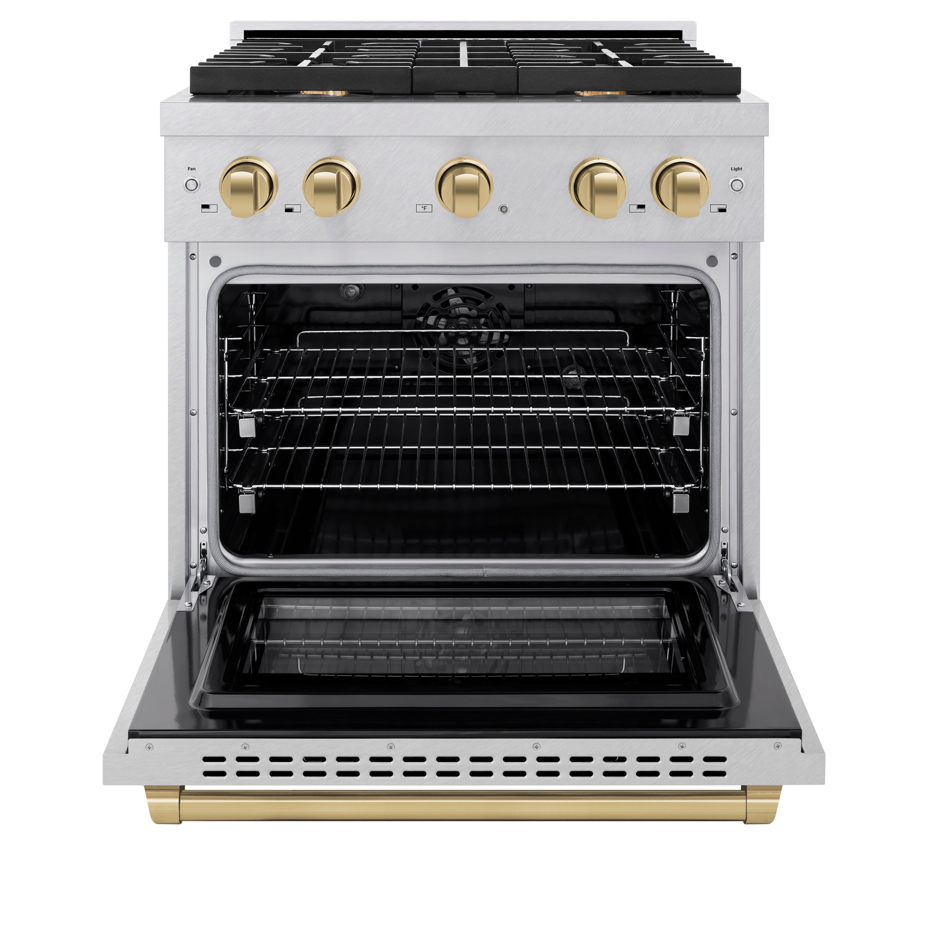 ZLINE Autograph Edition 30 in. 4.2 cu. ft. Paramount Dual Fuel Range with 4 Burner Gas Cooktop and Electric Convection Oven in Satin Stainless Steel with Champagne Bronze Accents (SDRSZ-30-CB)