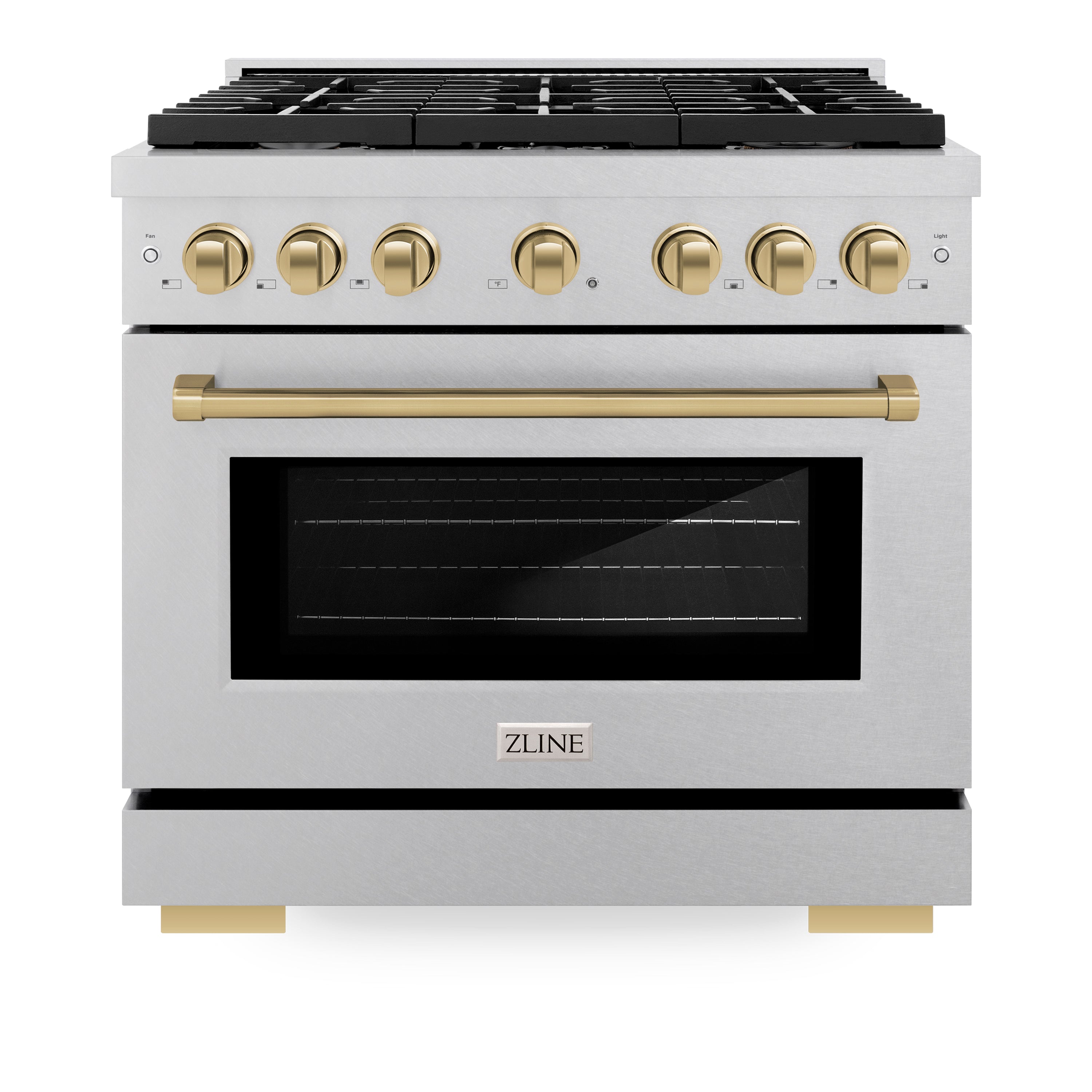 ZLINE Autograph Edition 36 in. 5.2 cu. ft. Paramount Dual Fuel Range with 6 Burner Gas Cooktop and Electric Convection Oven in Satin Stainless Steel with Champagne Bronze Accents (SDRSZ-36-CB)
