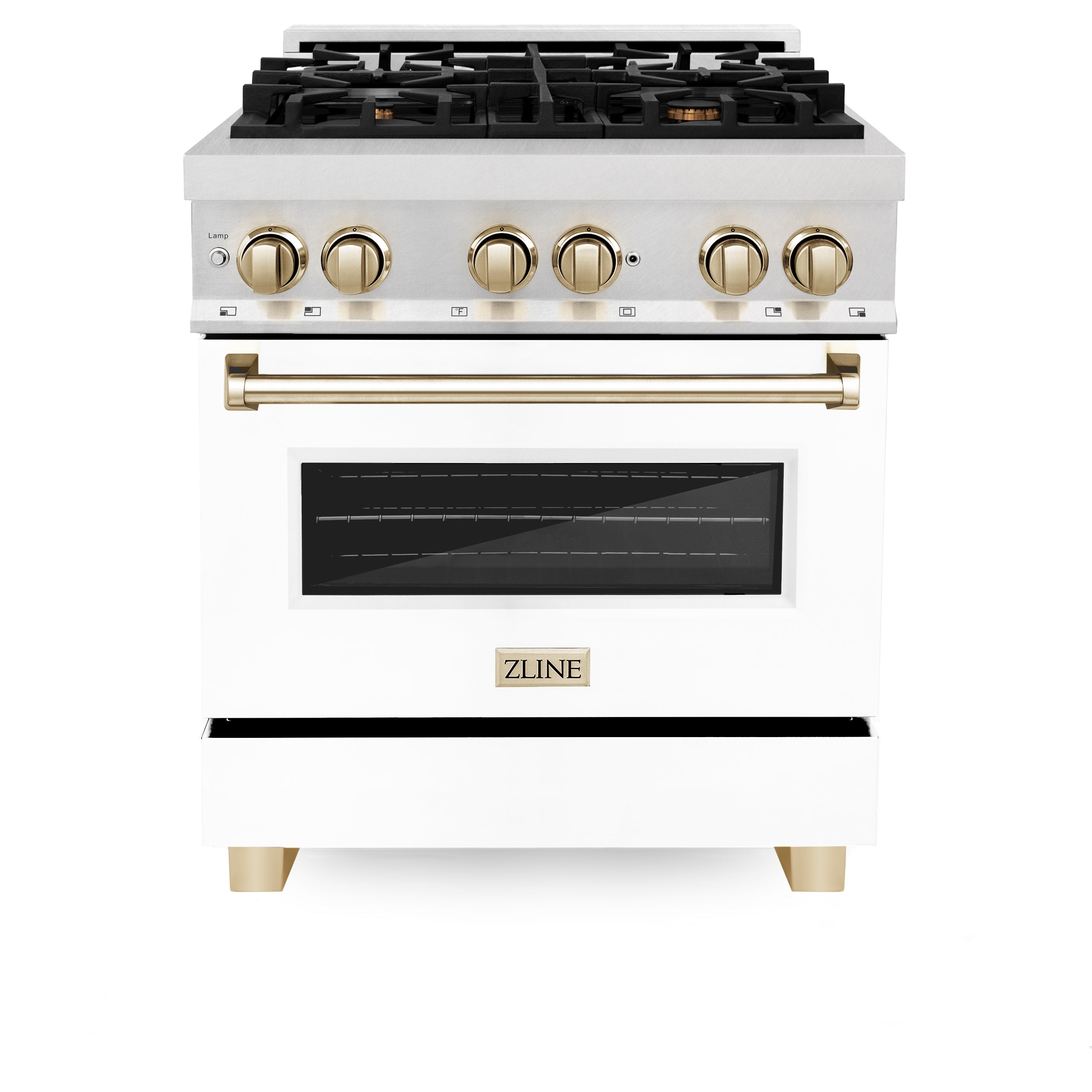 ZLINE Autograph Edition 30 in. 4.0 cu. ft. Legacy Dual Fuel Range with 4 Burner Gas Cooktop and Electric Convection Oven in Satin Stainless Steel with White Matte Door and Polished Gold Accents (RASZ-WM-30-G)