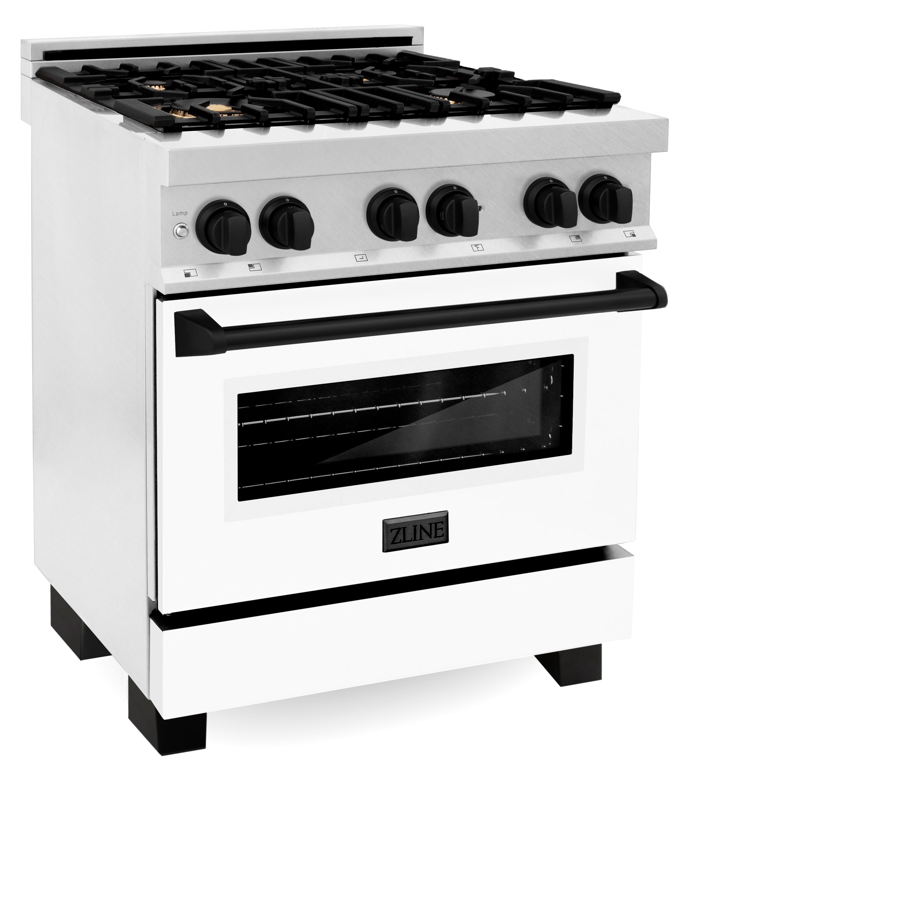 ZLINE Autograph Edition 30 in. 4.0 cu. ft. Legacy Dual Fuel Range with 4 Burner Gas Cooktop and Electric Convection Oven in Satin Stainless Steel with White Matte Door and Matte Black Accents (RASZ-WM-30-MB)