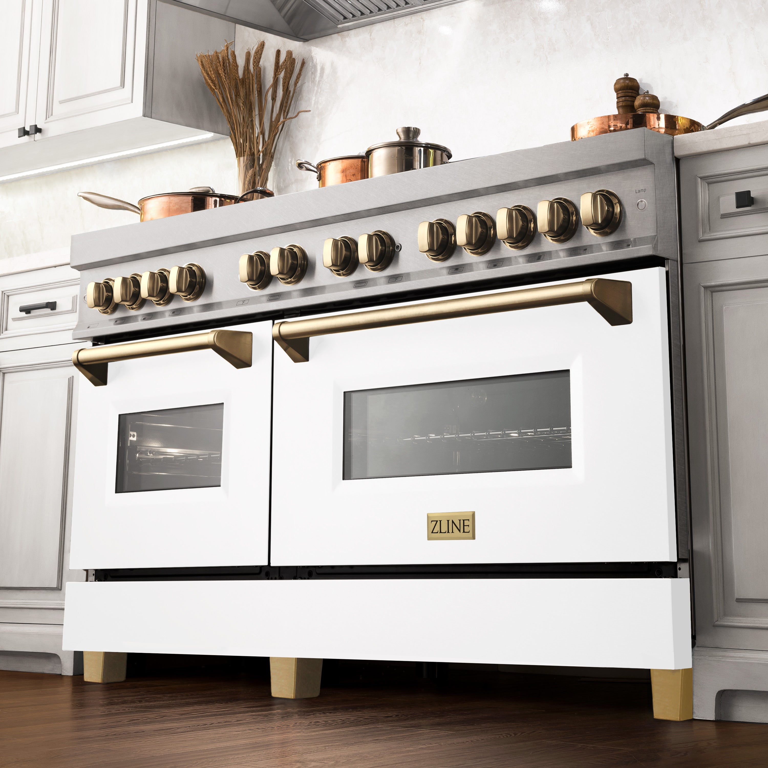 ZLINE Autograph Edition 60 in. 7.4 cu. ft. Legacy Dual Fuel Range with 9 Burner Gas Cooktop and 2 Electric Convection Ovens in Satin Stainless Steel with White Matte Doors and Polished Gold Accents (RASZ-WM-60-G)