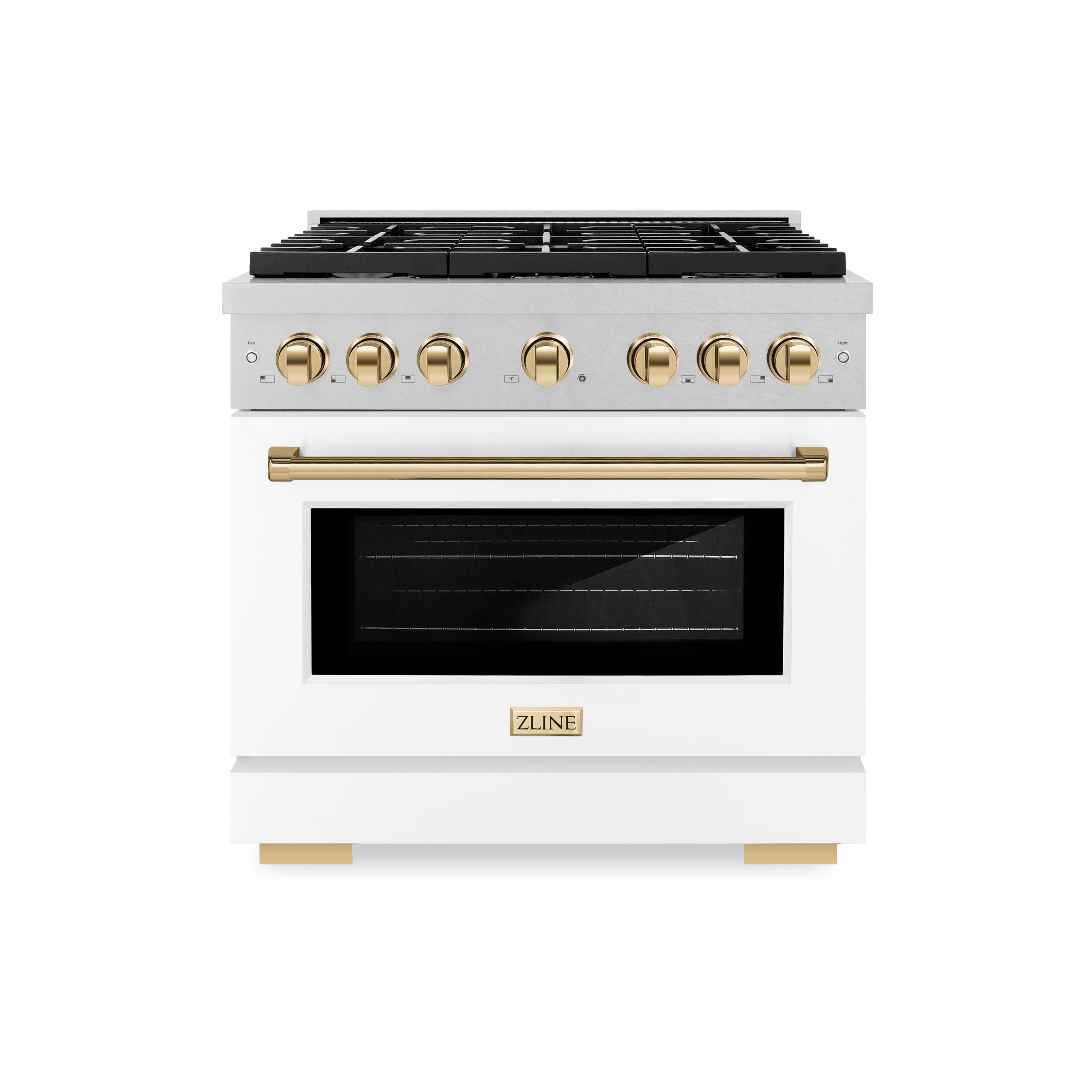 ZLINE Autograph Edition 36 in. 5.2 cu. ft. Paramount Dual Fuel Range with 6 Burner Gas Cooktop and Electric Convection Oven in Satin Stainless Steel with White Matte Door and Polished Gold Accents (SDRSZ-WM-36-G)