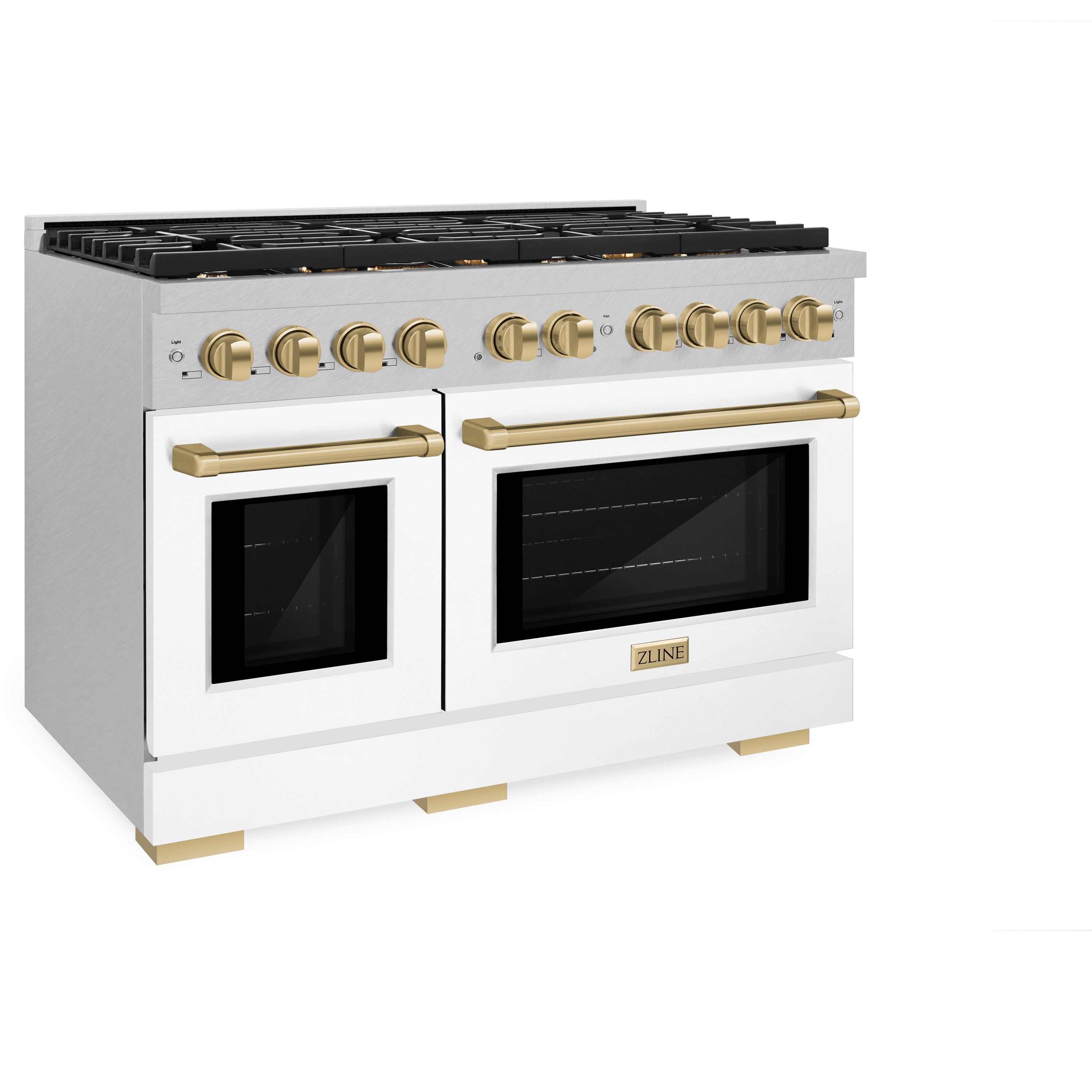 ZLINE Autograph Edition 48 in. 6.7 cu. ft. Paramount Double Oven Dual Fuel Range with 8 Burner Gas Cooktop in Satin Stainless Steel with White Matte Doors and Champagne Bronze Accents (SDRSZ-WM-48-CB)