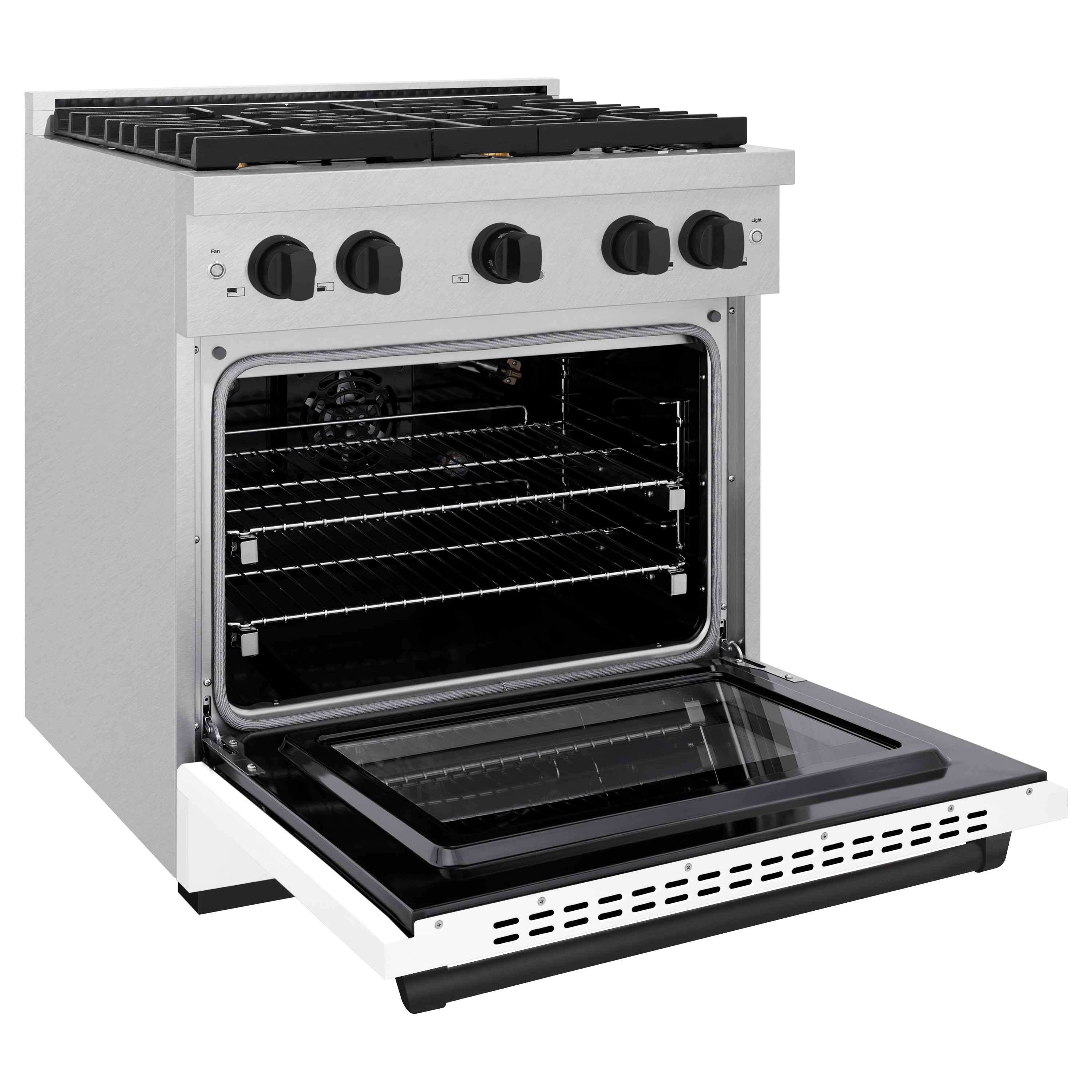 ZLINE Autograph Edition 30 in. 4.2 cu. ft. Paramount Gas Range with 4 Burner Cooktop and Convection Gas Oven in Satin Stainless Steel with White Matte Door and Matte Black Accents (SGRSZ-WM-30-MB)