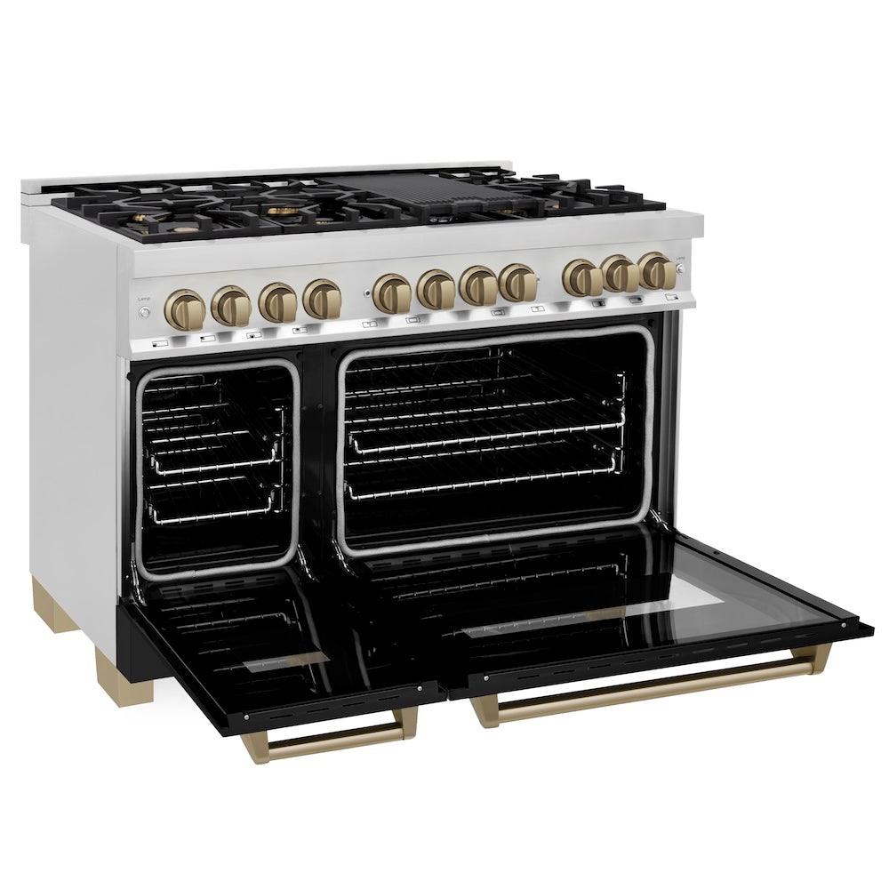 ZLINE Autograph Edition 48 in. 6.0 cu. ft. Legacy Dual Fuel Range with 7 Burner Gas Cooktop and 2 Electric Ovens in Stainless Steel and Champagne Bronze Accents (RAZ-48-CB)