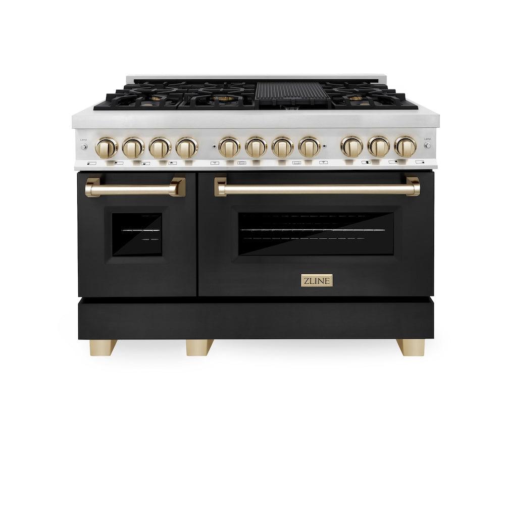 ZLINE Autograph Edition 48 in. 6.0 cu. ft. Legacy Dual Fuel Range with 7 Burner Gas Cooktop and 2 Electric Ovens in Stainless Steel and Champagne Bronze Accents (RAZ-48-CB)
