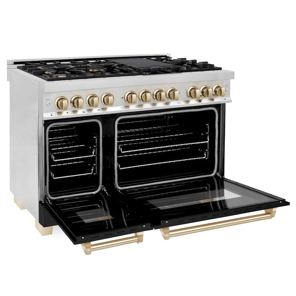 ZLINE Autograph Edition 48 in. 6.0 cu. ft. Legacy Dual Fuel Range with 7 Burner Gas Cooktop and 2 Electric Ovens in Stainless Steel and Champagne Bronze Accents (RAZ-48-CB)
