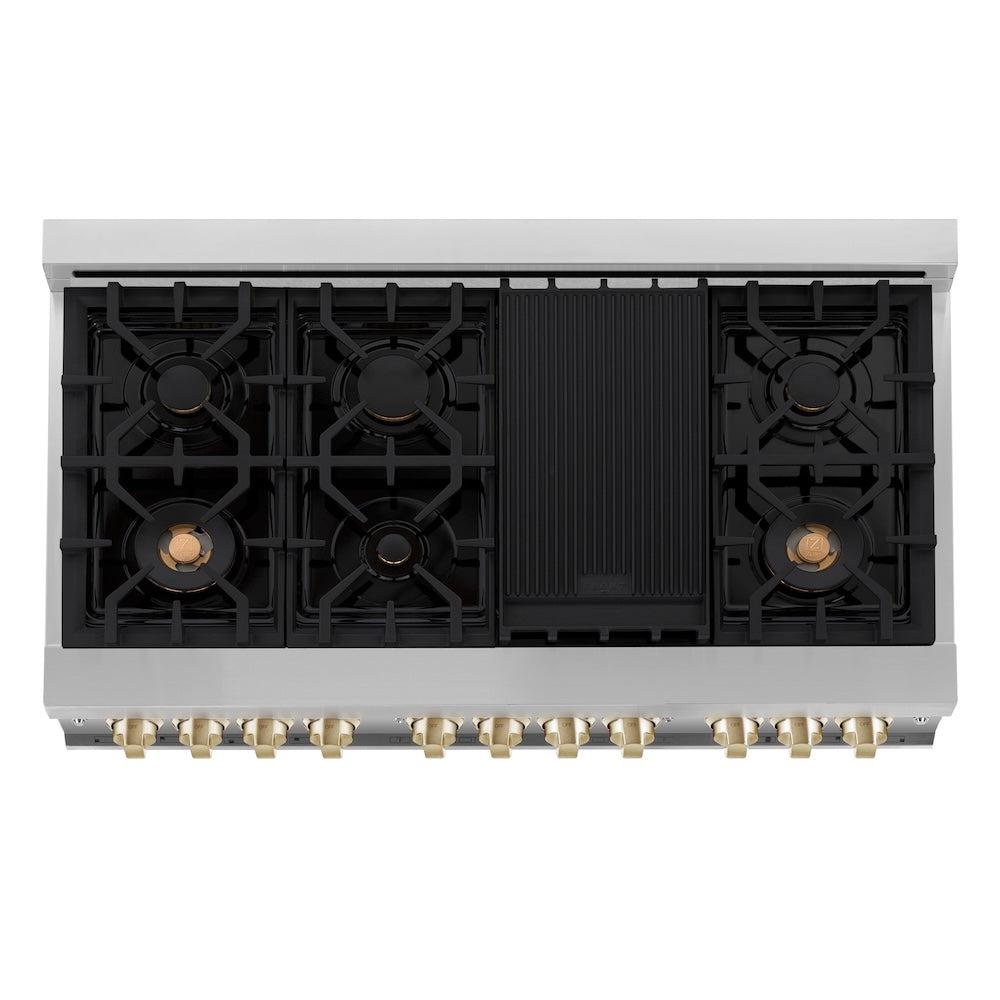 ZLINE Autograph Edition 48 in. 6.0 cu. ft. Legacy Dual Fuel Range with 7 Burner Gas Cooktop and 2 Electric Ovens in Stainless Steel and Champagne Bronze Accents (RAZ-48-CB)