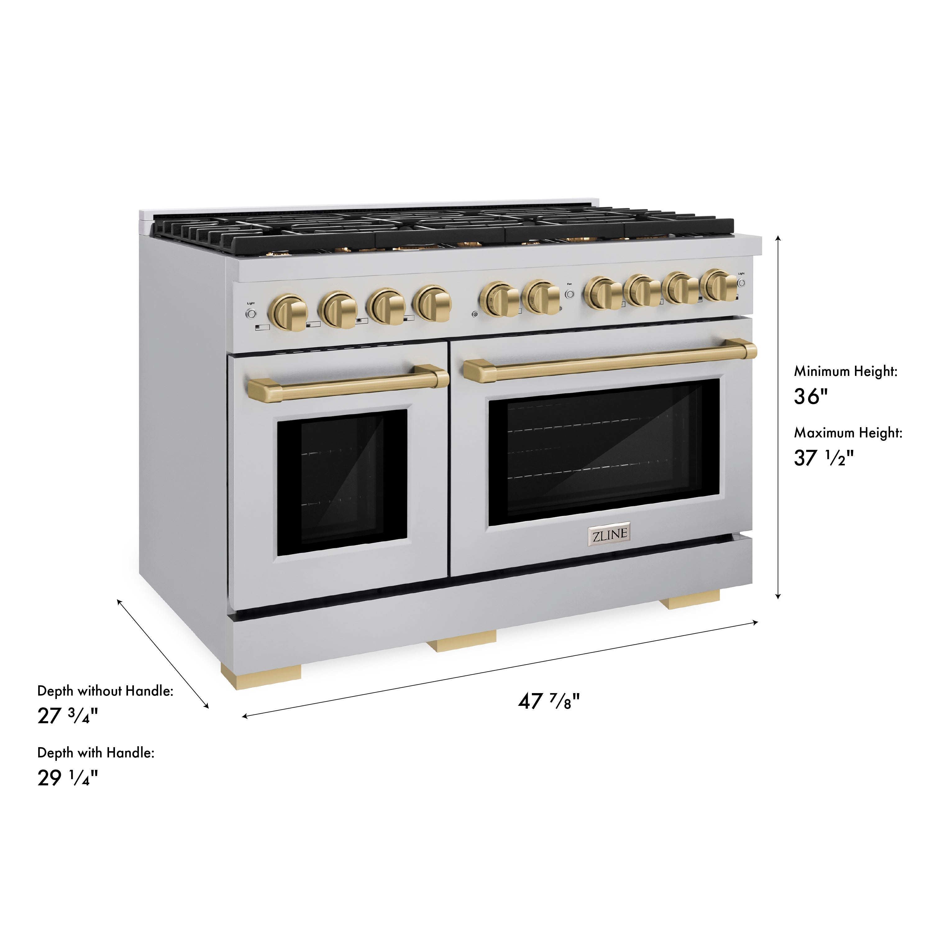 ZLINE Autograph Edition 48 in. 6.7 cu. ft. Paramount Double Oven Gas Range with 8 Burner Cooktop in Stainless Steel and Champagne Bronze Accents (SGRZ-48-CB)