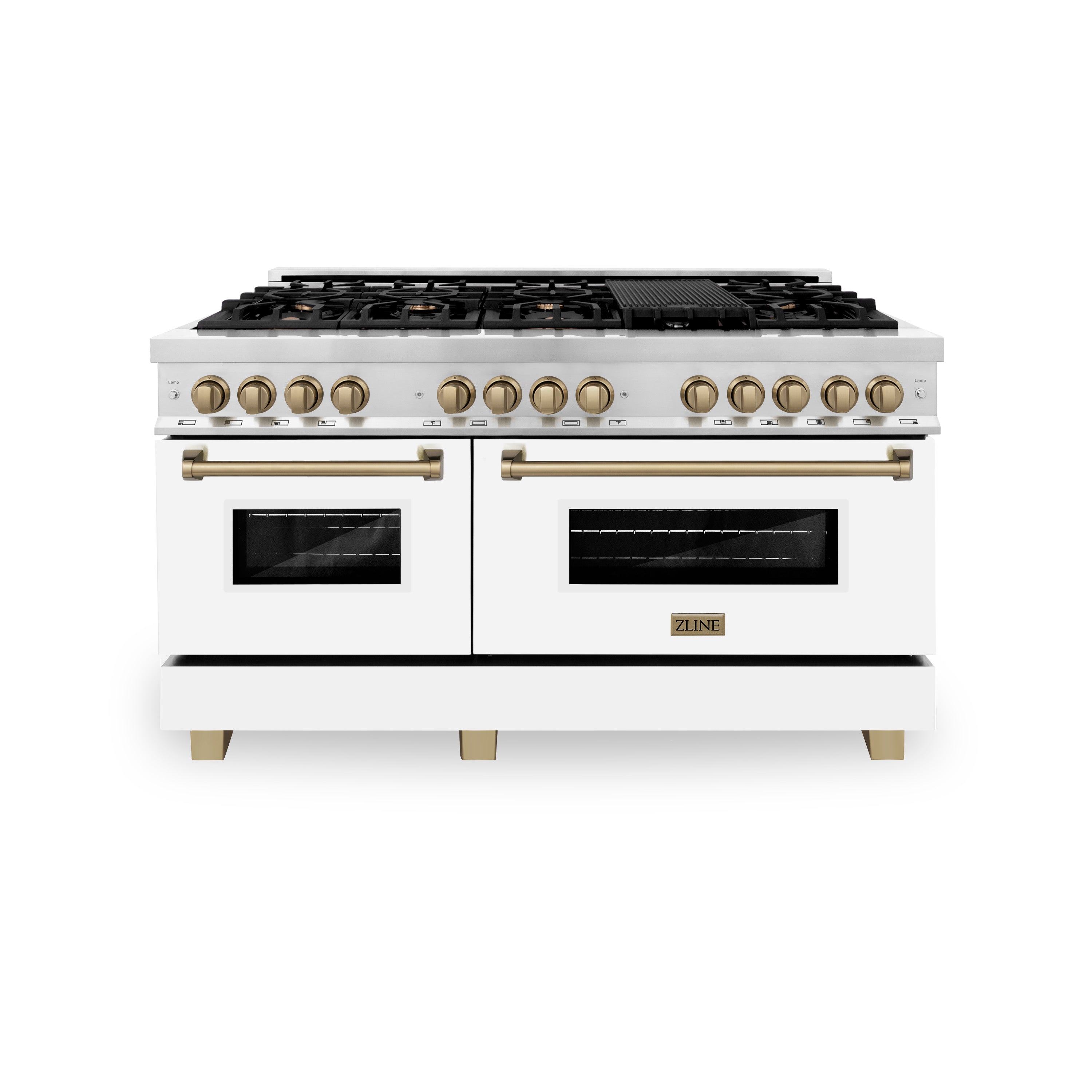 ZLINE Autograph Edition 60 in. 7.4 cu. ft. Legacy Dual Fuel Range with 9 Burner Gas Cooktop and 2 Electric Convection Ovens in Stainless Steel and Champagne Bronze Accents (RAZ-60-CB)