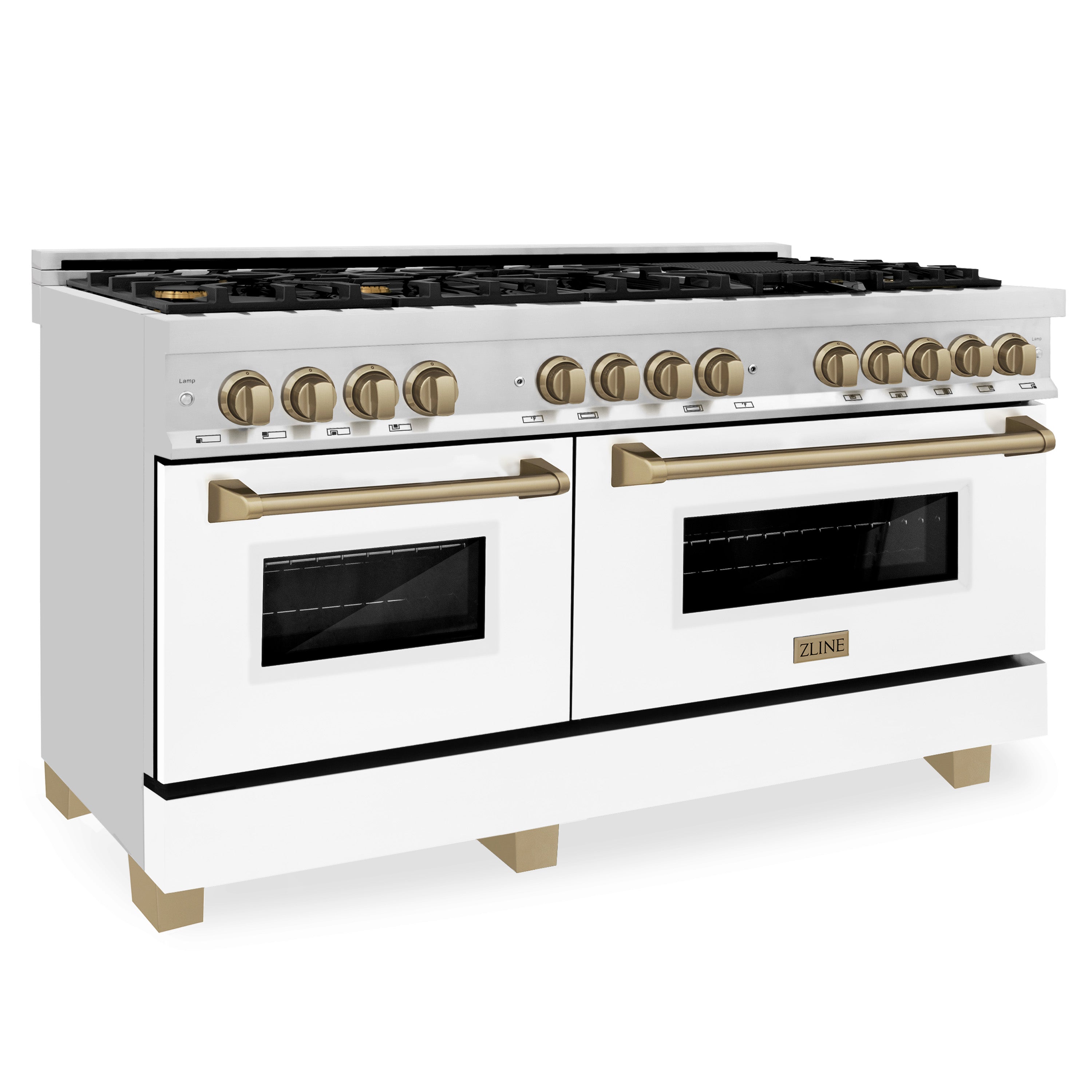 ZLINE Autograph Edition 60 in. 7.4 cu. ft. Legacy Dual Fuel Range with 9 Burner Gas Cooktop and 2 Electric Convection Ovens in Stainless Steel and Champagne Bronze Accents (RAZ-60-CB)
