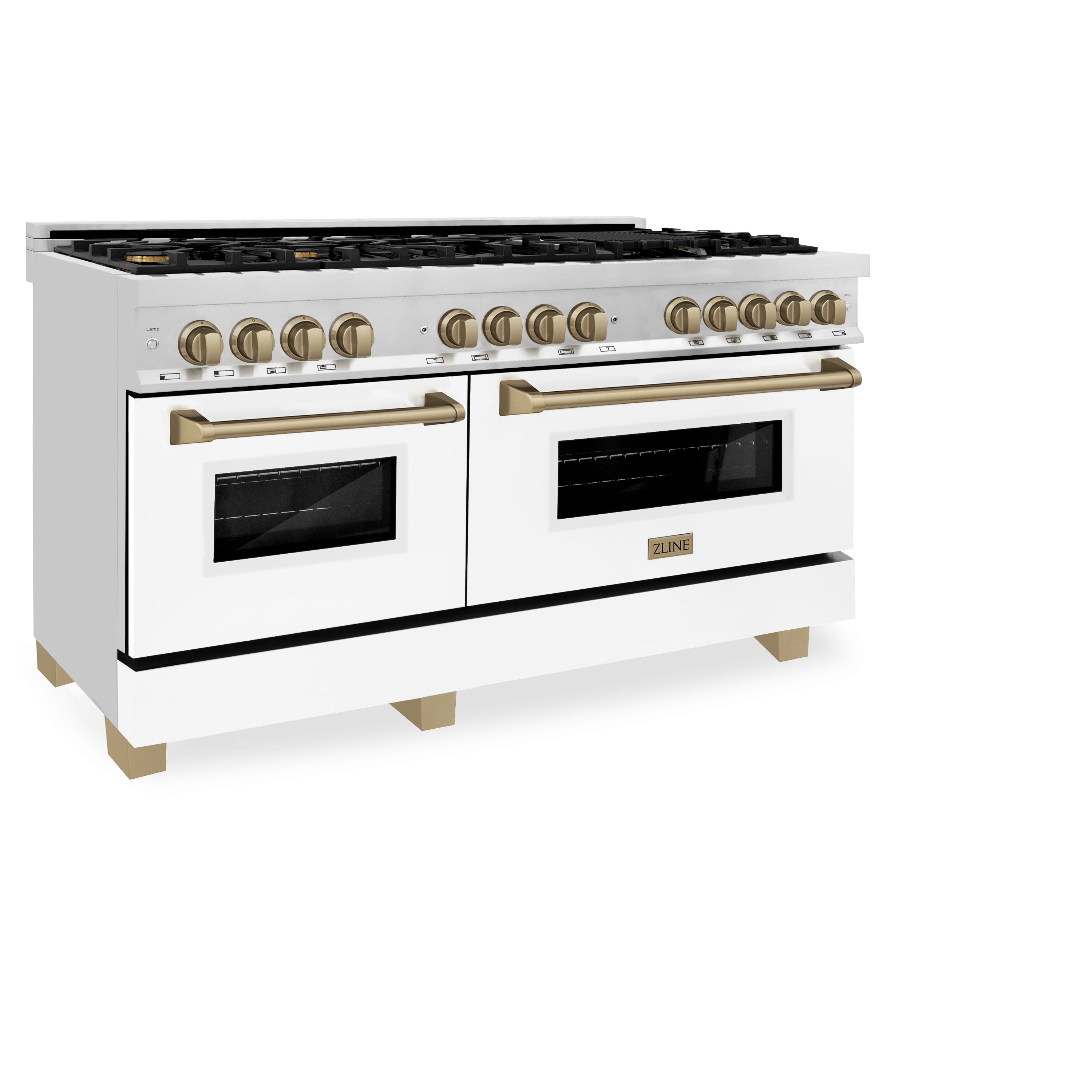 ZLINE Autograph Edition 60 in. 7.4 cu. ft. Legacy Dual Fuel Range with 9 Burner Gas Cooktop and 2 Electric Convection Ovens in Stainless Steel and Champagne Bronze Accents (RAZ-60-CB)