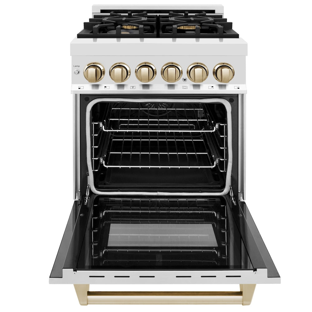 ZLINE Autograph Edition 24 in. 2.8 cu. ft. Legacy Dual Fuel Range with 4 Burner Gas Cooktop and Electric Convection Oven in Stainless Steel and Champagne Bronze Accents (RAZ-24-CB)