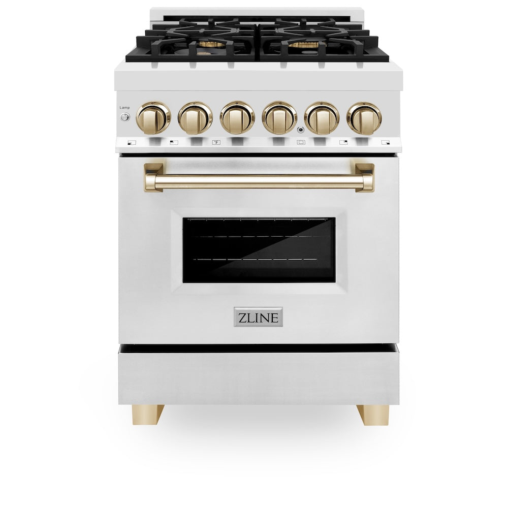 ZLINE Autograph Edition 24 in. 2.8 cu. ft. Legacy Dual Fuel Range with 4 Burner Gas Cooktop and Electric Convection Oven in Stainless Steel and Champagne Bronze Accents (RAZ-24-CB)