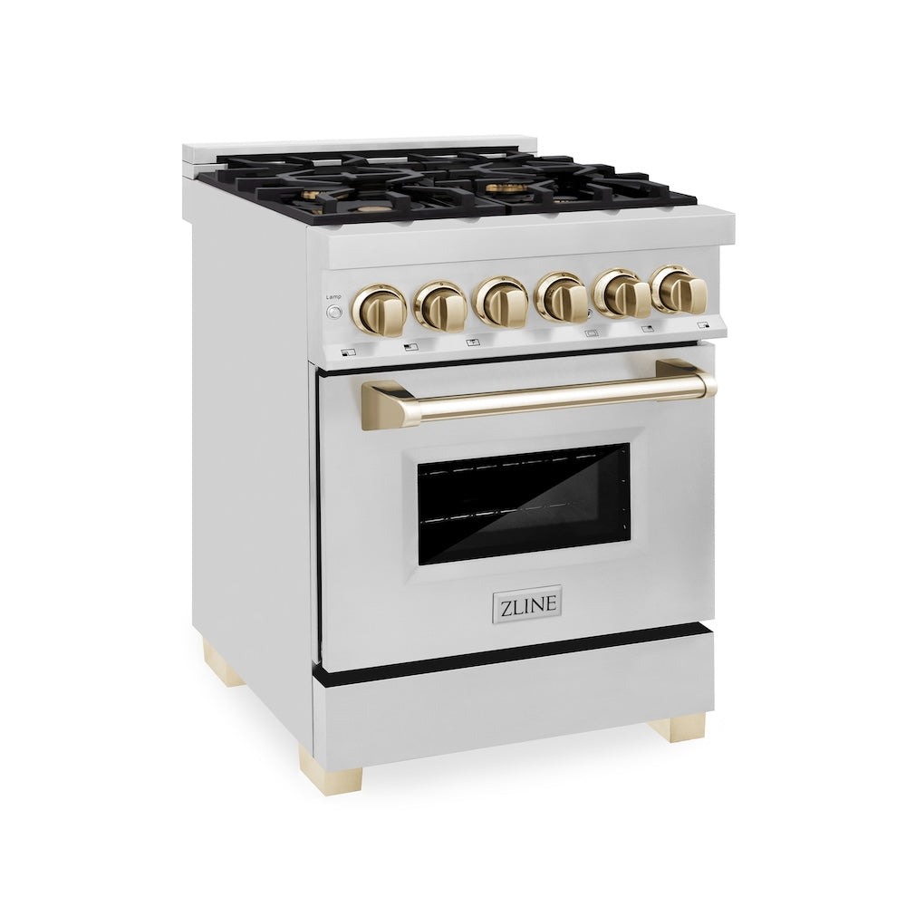 ZLINE Autograph Edition 24 in. 2.8 cu. ft. Legacy Dual Fuel Range with 4 Burner Gas Cooktop and Electric Convection Oven in Stainless Steel and Champagne Bronze Accents (RAZ-24-CB)