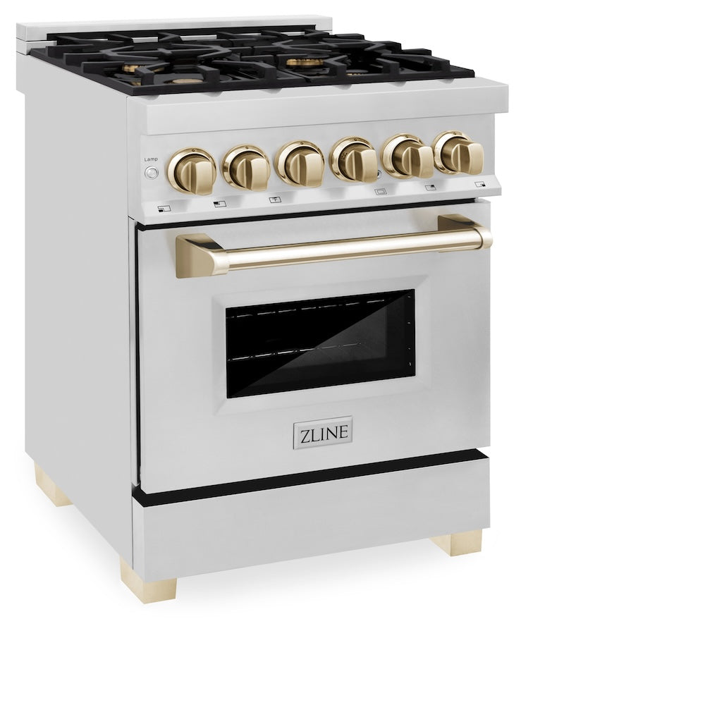 ZLINE Autograph Edition 24 in. 2.8 cu. ft. Legacy Dual Fuel Range with 4 Burner Gas Cooktop and Electric Convection Oven in Stainless Steel and Champagne Bronze Accents (RAZ-24-CB)
