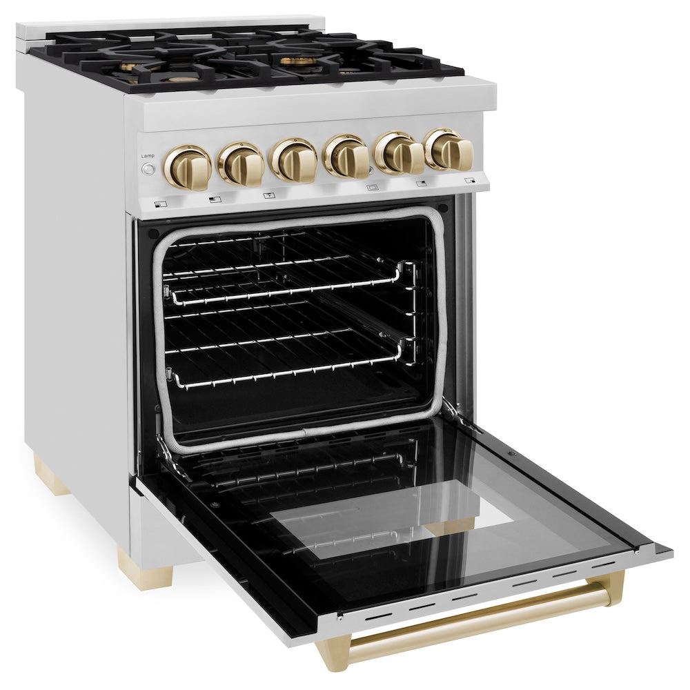ZLINE Autograph Edition 24 in. 2.8 cu. ft. Legacy Dual Fuel Range with 4 Burner Gas Cooktop and Electric Convection Oven in Stainless Steel and Champagne Bronze Accents (RAZ-24-CB)