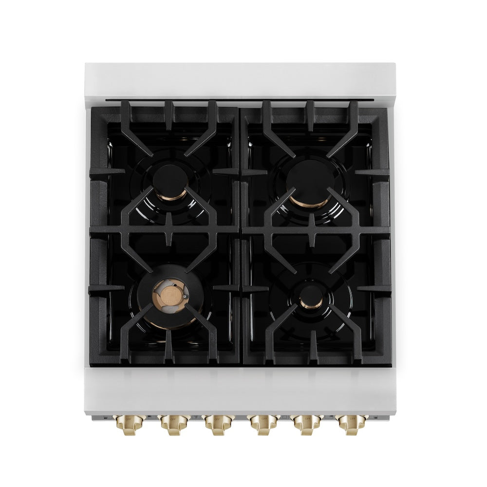 ZLINE Autograph Edition 24 in. 2.8 cu. ft. Legacy Dual Fuel Range with 4 Burner Gas Cooktop and Electric Convection Oven in Stainless Steel and Champagne Bronze Accents (RAZ-24-CB)