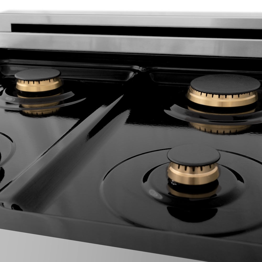 ZLINE Autograph Edition 24 in. 2.8 cu. ft. Legacy Dual Fuel Range with 4 Burner Gas Cooktop and Electric Convection Oven in Stainless Steel and Champagne Bronze Accents (RAZ-24-CB)