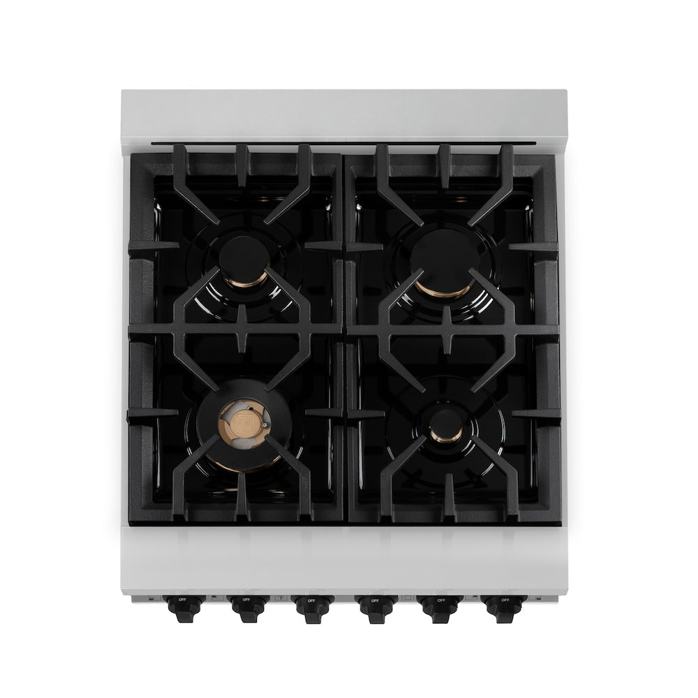 ZLINE Autograph Edition 24 in. 2.8 cu. ft. Legacy Dual Fuel Range with 4 Burner Gas Cooktop and Electric Convection Oven in Stainless Steel and Champagne Bronze Accents (RAZ-24-CB)