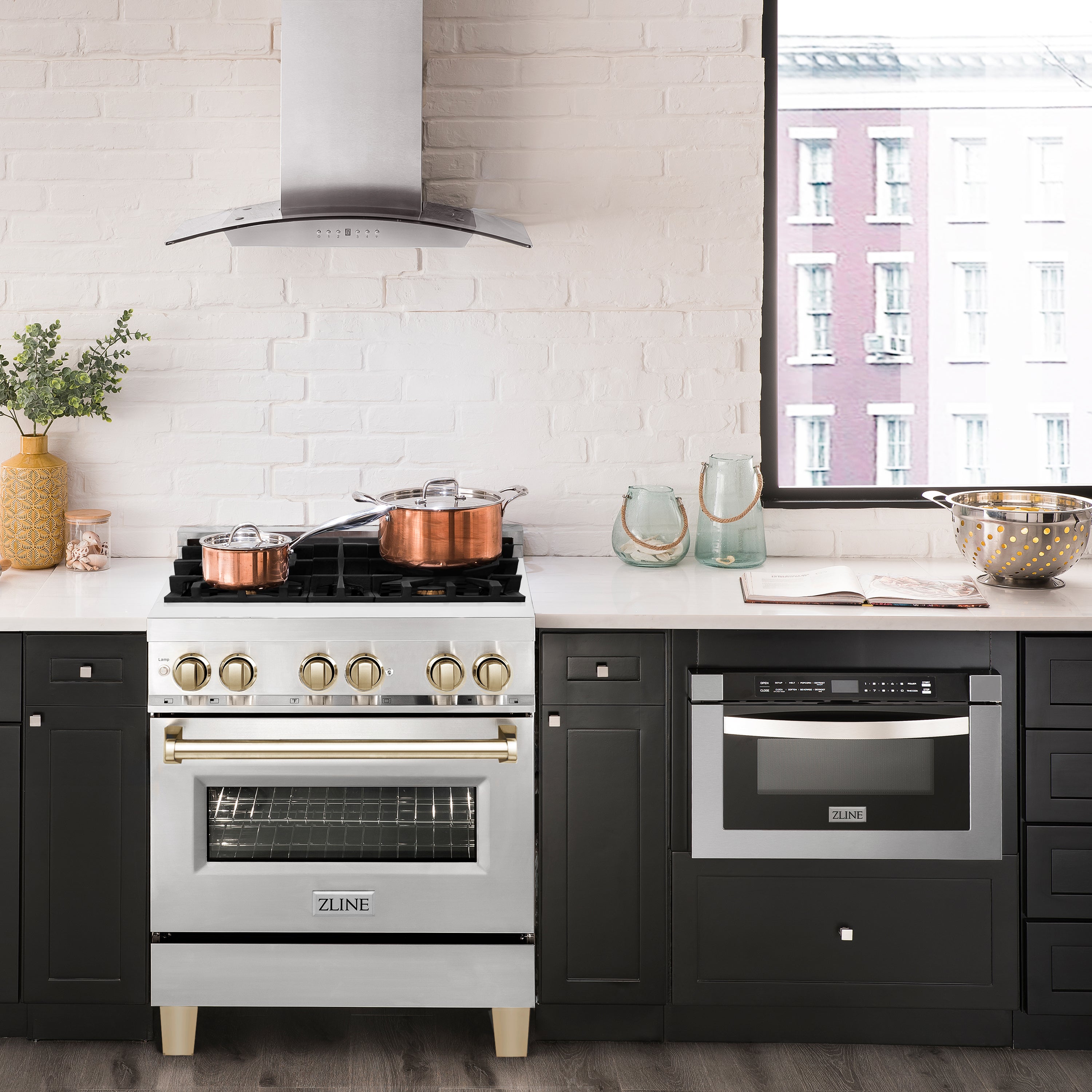 ZLINE Autograph Edition 30 in. 4.0 cu. ft. Legacy Dual Fuel Range with 4 Burner Gas Cooktop and Electric Convection Oven in Stainless Steel and Champagne Bronze Accents (RAZ-30-CB)
