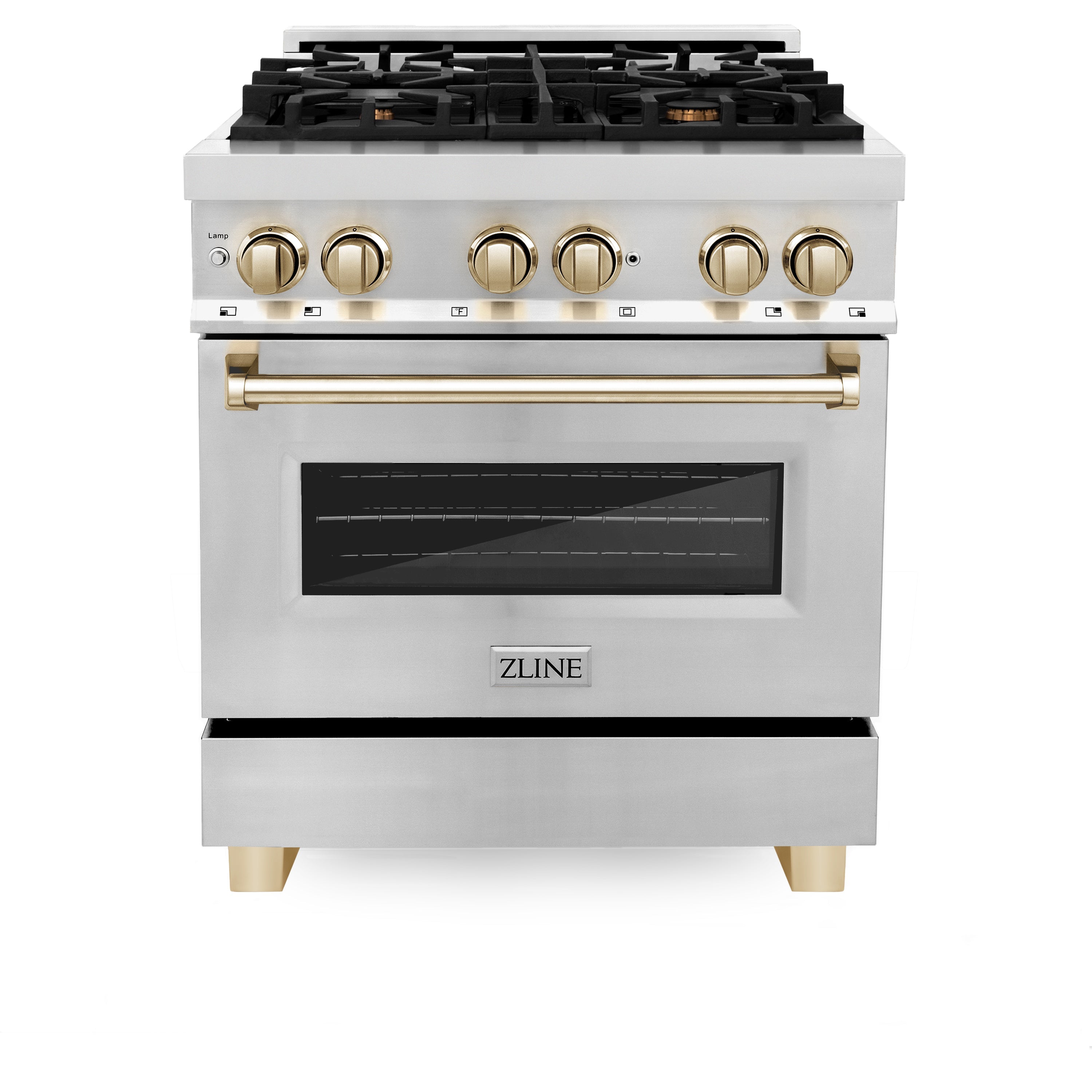 ZLINE Autograph Edition 30 in. 4.0 cu. ft. Legacy Dual Fuel Range with 4 Burner Gas Cooktop and Electric Convection Oven in Stainless Steel and Champagne Bronze Accents (RAZ-30-CB)