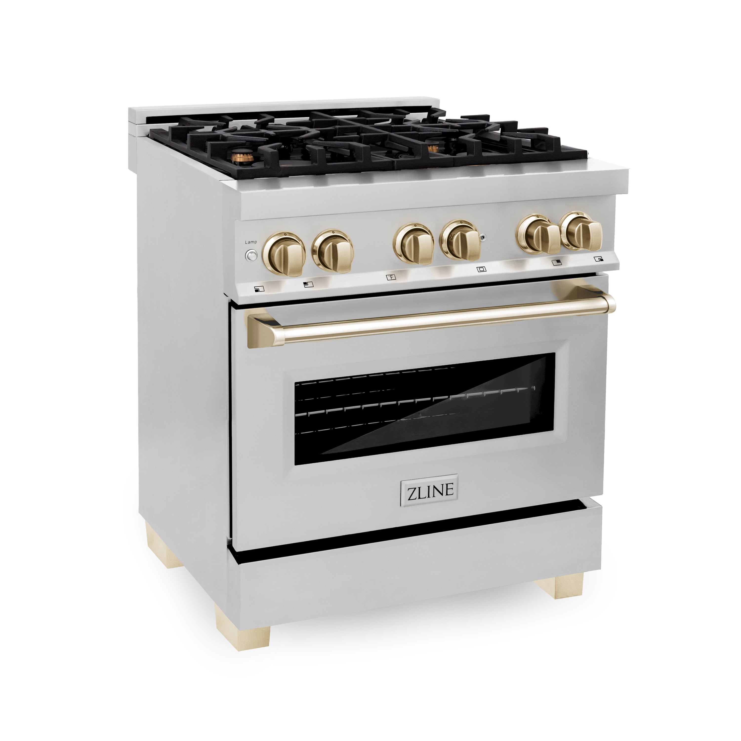 ZLINE Autograph Edition 30 in. 4.0 cu. ft. Legacy Dual Fuel Range with 4 Burner Gas Cooktop and Electric Convection Oven in Stainless Steel and Champagne Bronze Accents (RAZ-30-CB)