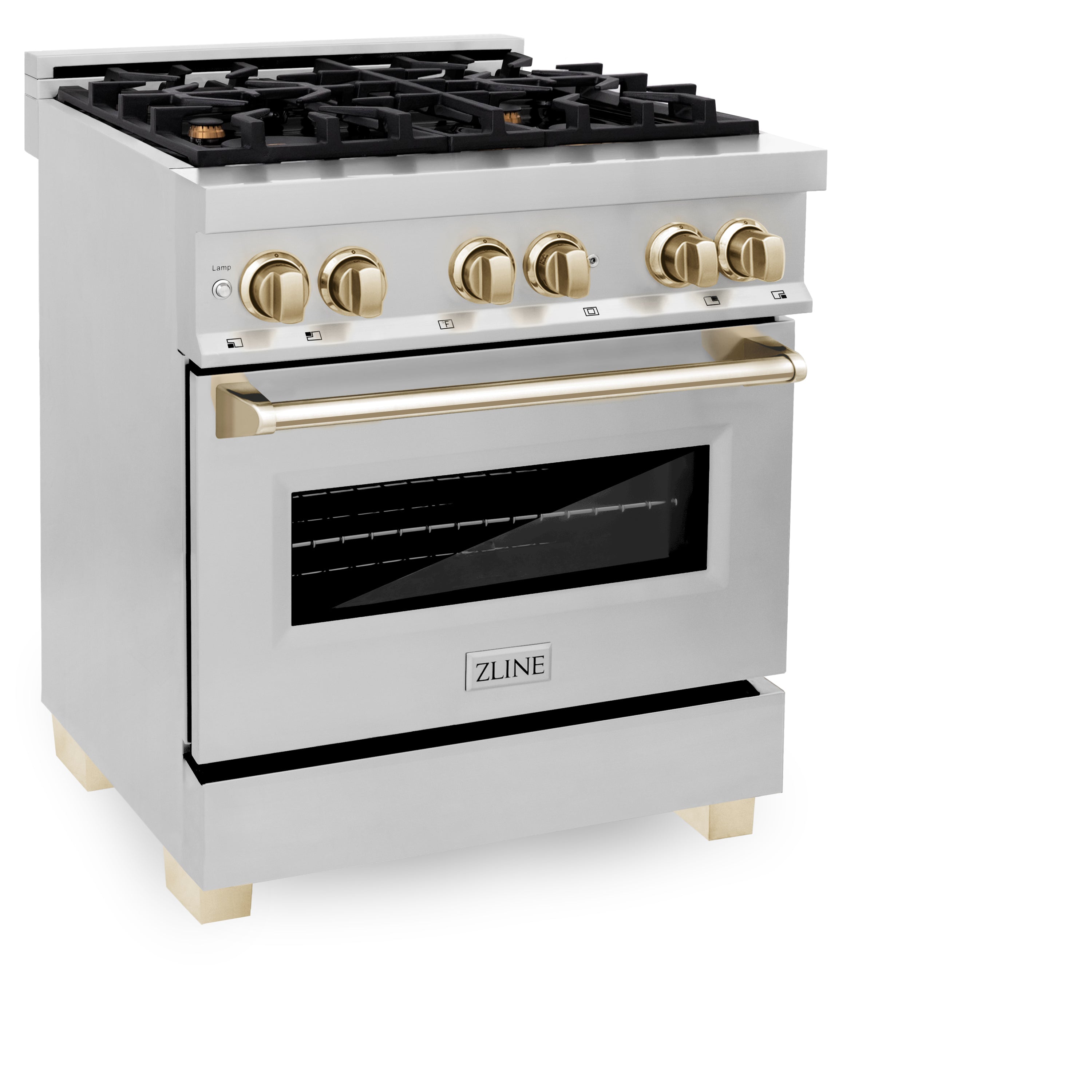 ZLINE Autograph Edition 30 in. 4.0 cu. ft. Legacy Dual Fuel Range with 4 Burner Gas Cooktop and Electric Convection Oven in Stainless Steel and Champagne Bronze Accents (RAZ-30-CB)