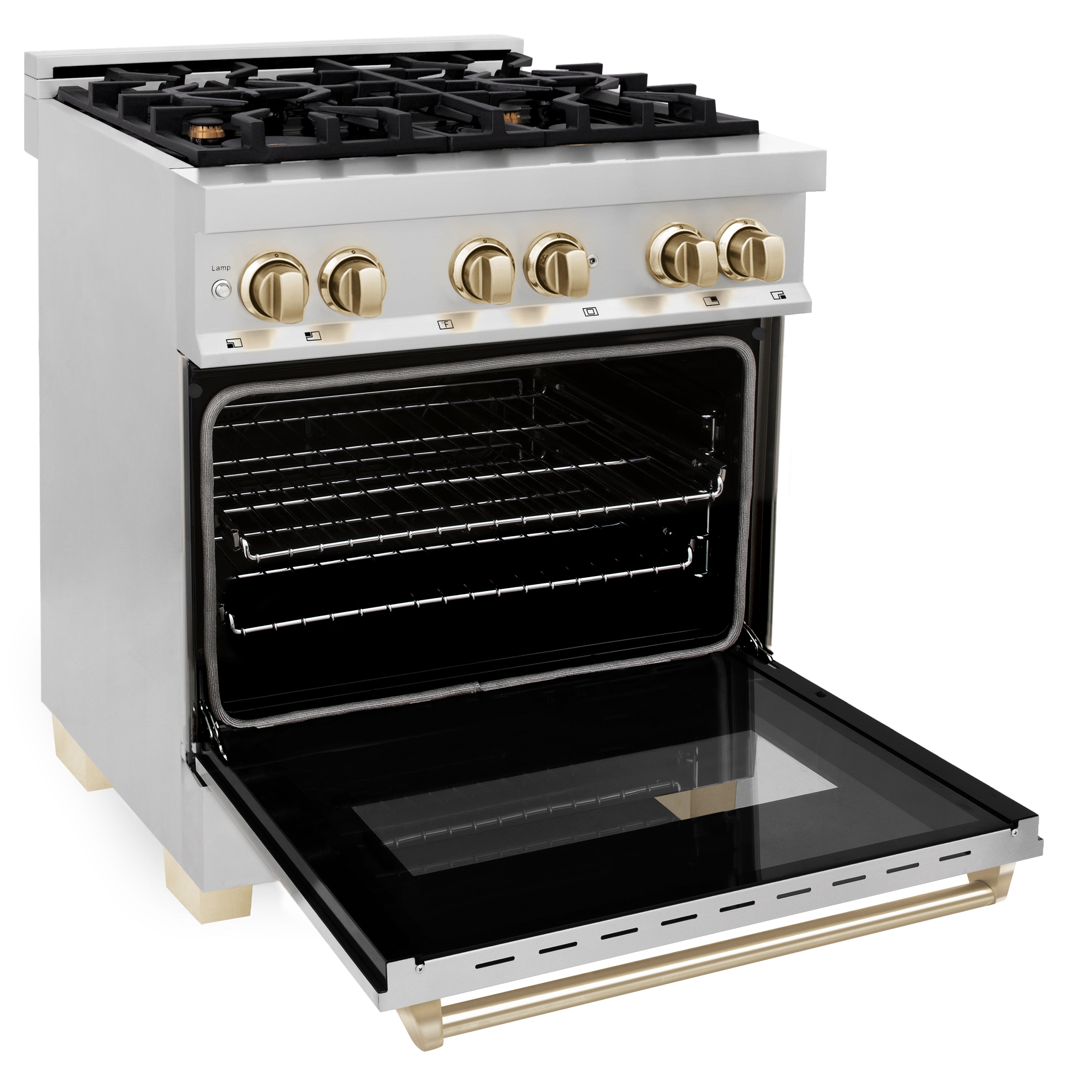 ZLINE Autograph Edition 30 in. 4.0 cu. ft. Legacy Dual Fuel Range with 4 Burner Gas Cooktop and Electric Convection Oven in Stainless Steel and Champagne Bronze Accents (RAZ-30-CB)