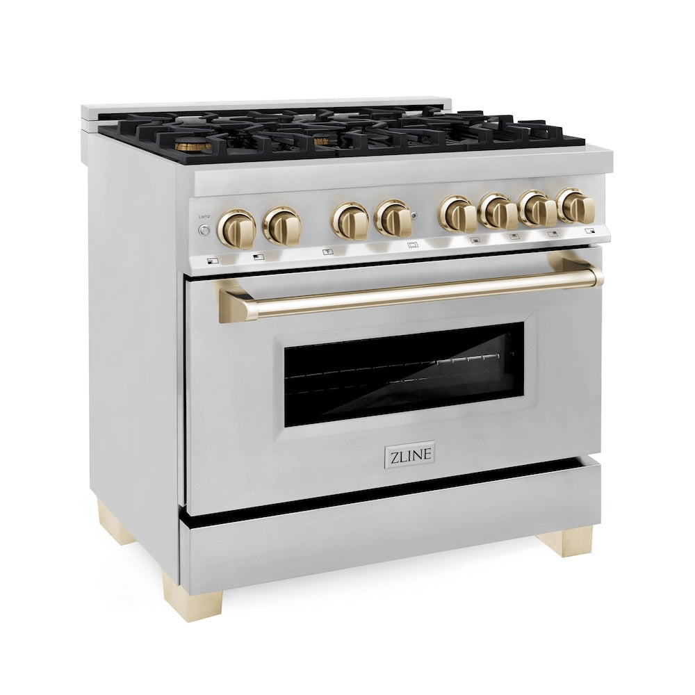 ZLINE Autograph Edition 36 in. 4.6 cu. ft. Legacy Dual Fuel Range with 6 Burner Gas Cooktop and Electric Convection Oven in Stainless Steel and Polished Gold Accents (RAZ-36-G)