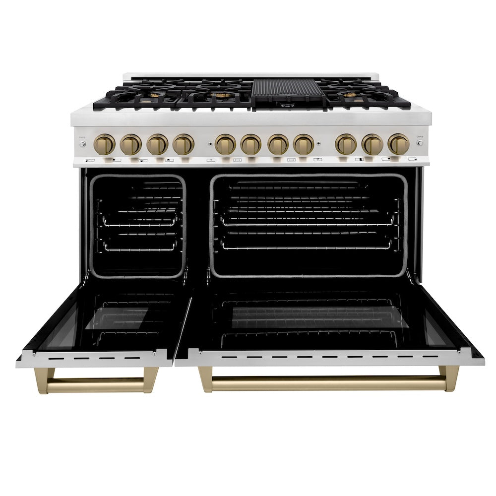 ZLINE Autograph Edition 48 in. 6.0 cu. ft. Legacy Dual Fuel Range with 7 Burner Gas Cooktop and 2 Electric Ovens in Stainless Steel and Champagne Bronze Accents (RAZ-48-CB)