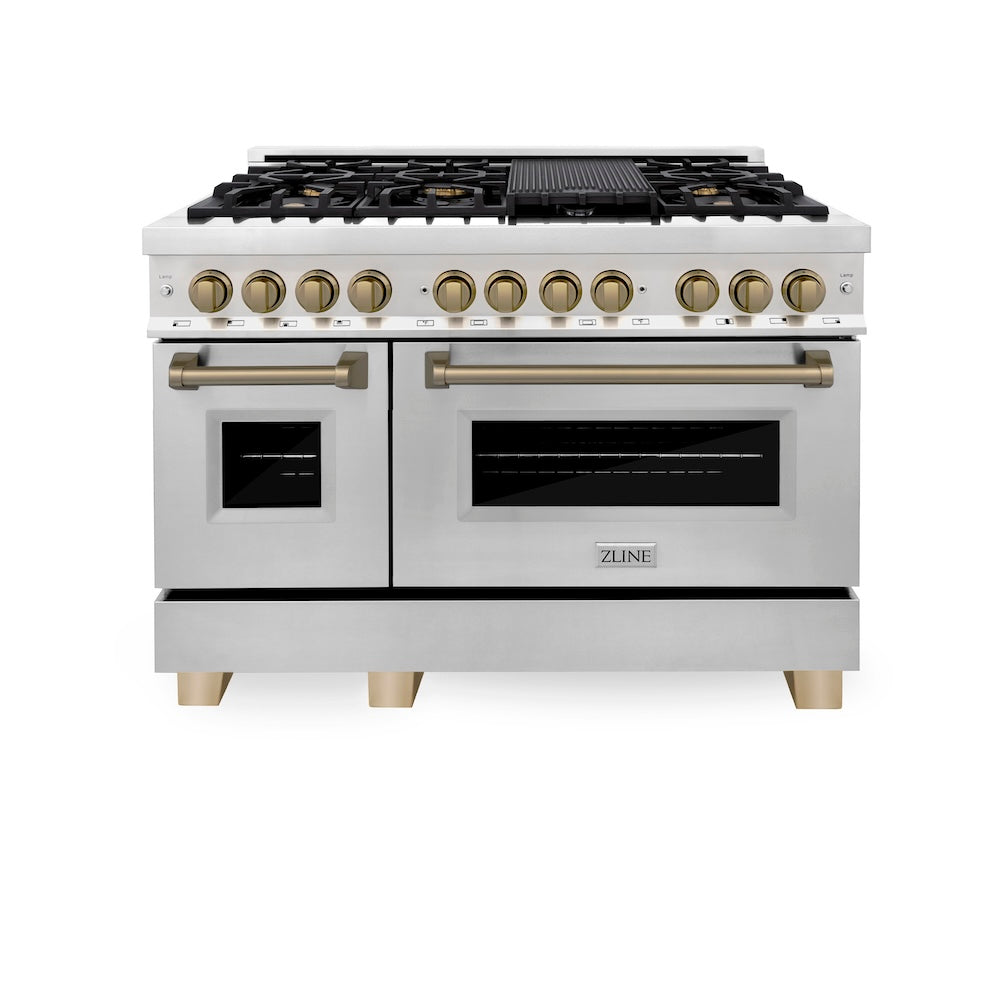 ZLINE Autograph Edition 48 in. 6.0 cu. ft. Legacy Dual Fuel Range with 7 Burner Gas Cooktop and 2 Electric Ovens in Stainless Steel and Champagne Bronze Accents (RAZ-48-CB)