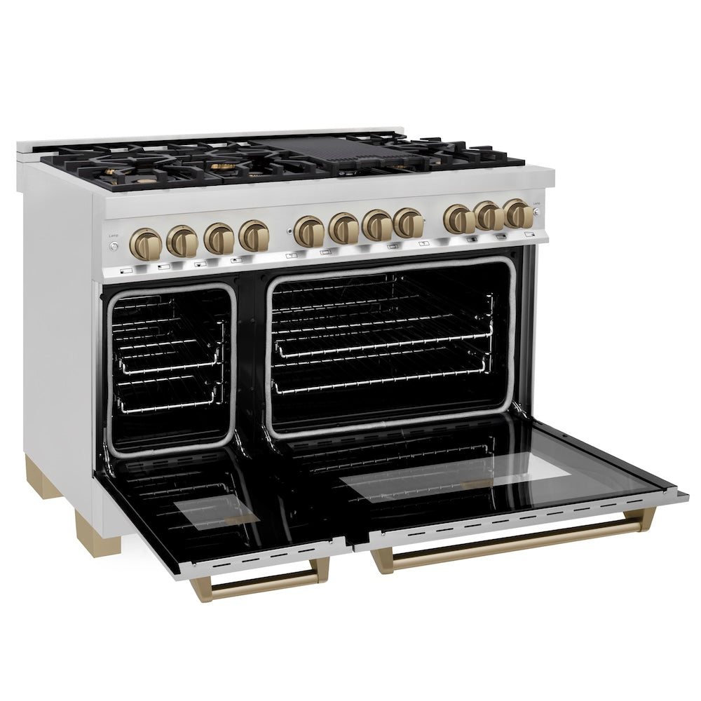 ZLINE Autograph Edition 48 in. 6.0 cu. ft. Legacy Dual Fuel Range with 7 Burner Gas Cooktop and 2 Electric Ovens in Stainless Steel and Champagne Bronze Accents (RAZ-48-CB)