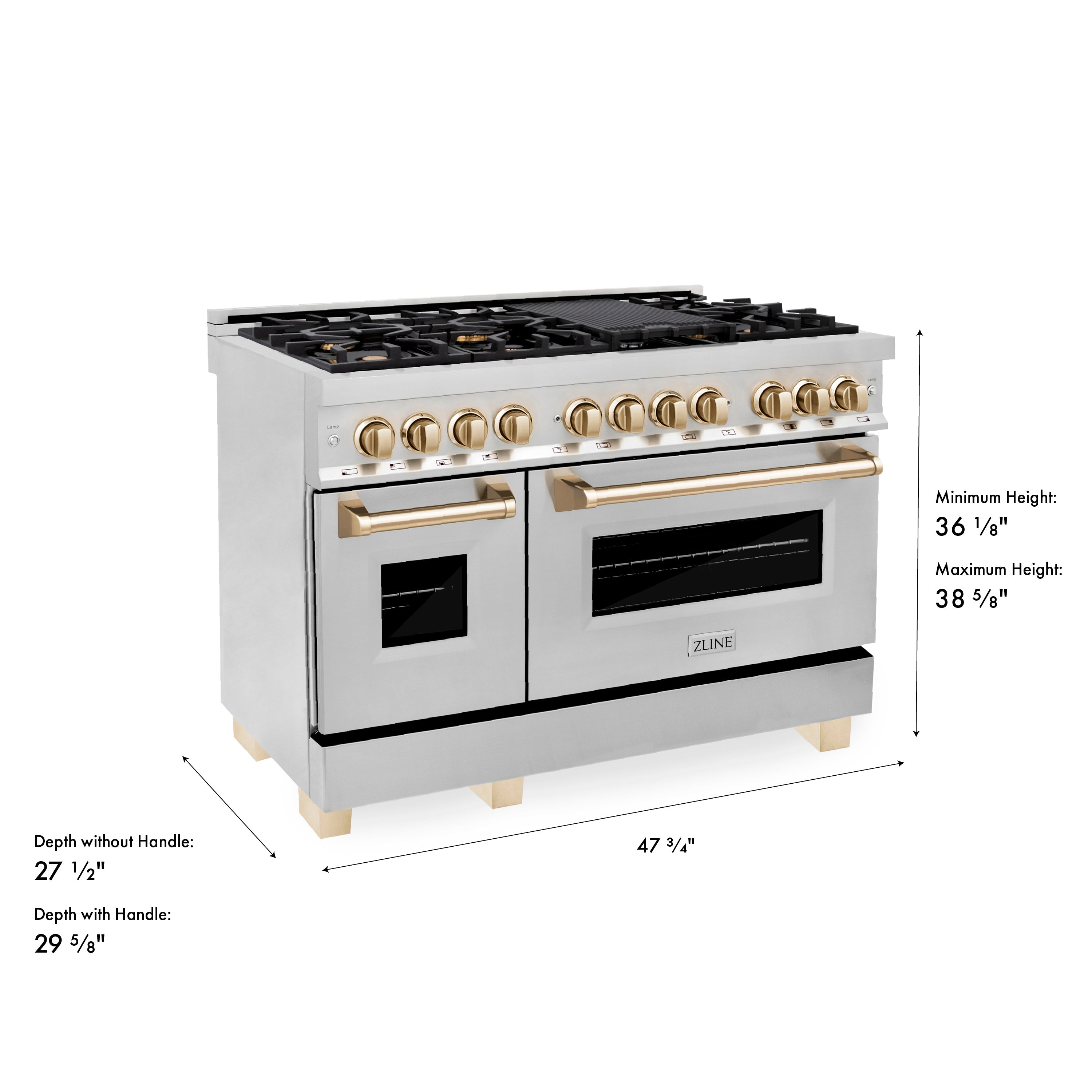 ZLINE Autograph Edition 48 in. 6.0 cu. ft. Legacy Dual Fuel Range with 7 Burner Gas Cooktop and 2 Electric Ovens in Stainless Steel and Champagne Bronze Accents (RAZ-48-CB)
