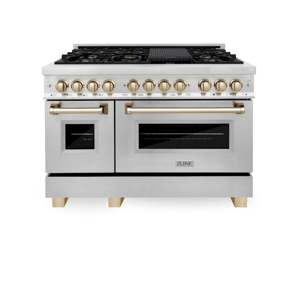 ZLINE Autograph Edition 48 in. 6.0 cu. ft. Legacy Dual Fuel Range with 7 Burner Gas Cooktop and 2 Electric Ovens in Stainless Steel and Champagne Bronze Accents (RAZ-48-CB)