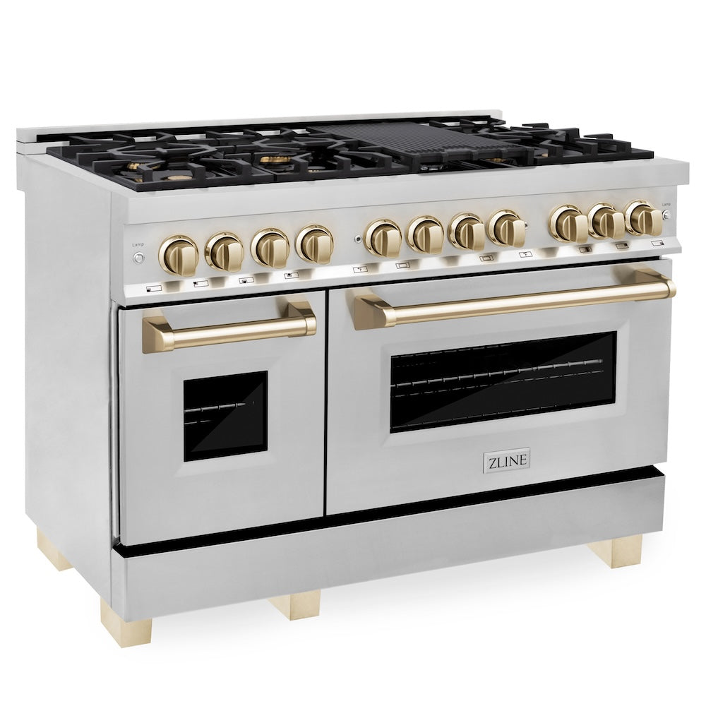 ZLINE Autograph Edition 48 in. 6.0 cu. ft. Legacy Dual Fuel Range with 7 Burner Gas Cooktop and 2 Electric Ovens in Stainless Steel and Champagne Bronze Accents (RAZ-48-CB)