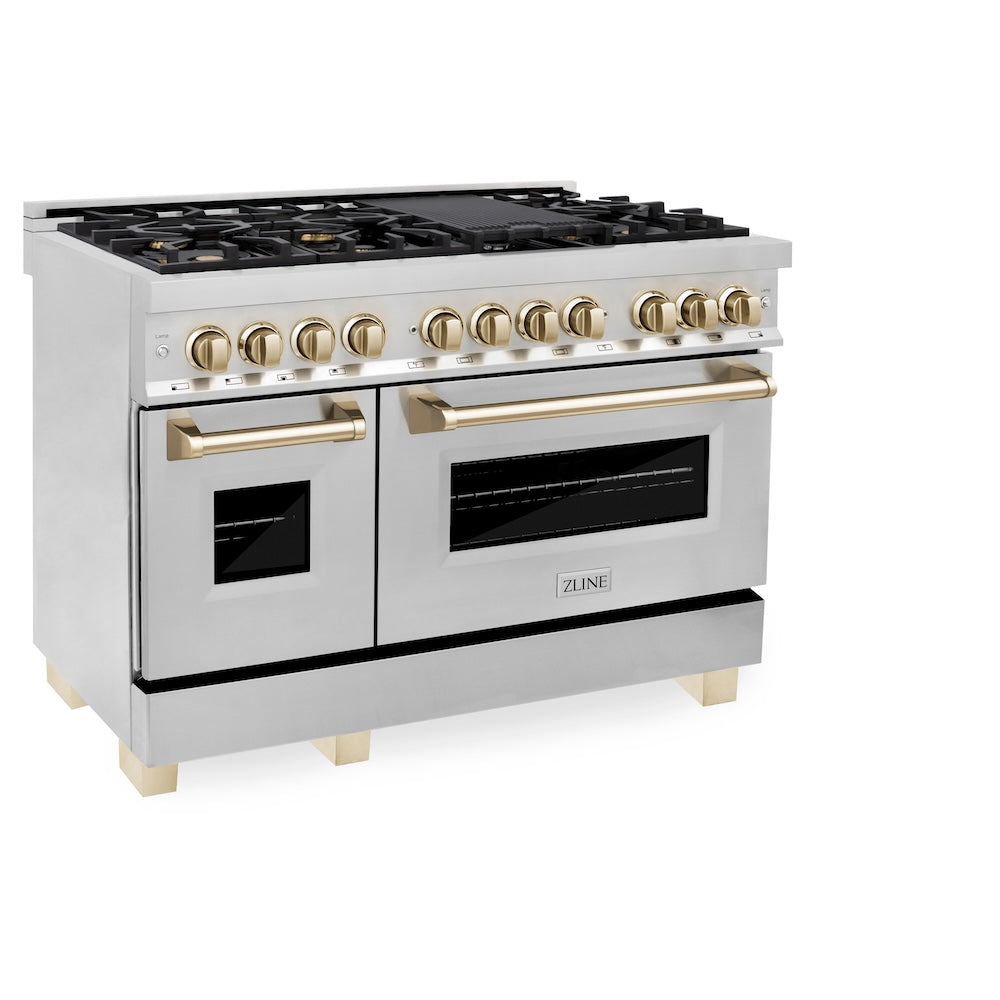 ZLINE Autograph Edition 48 in. 6.0 cu. ft. Legacy Dual Fuel Range with 7 Burner Gas Cooktop and 2 Electric Ovens in Stainless Steel and Champagne Bronze Accents (RAZ-48-CB)