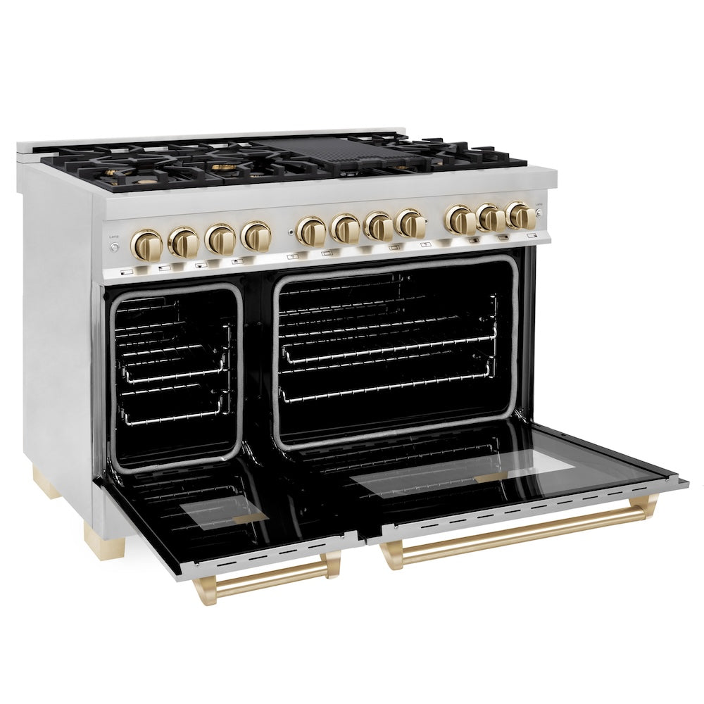 ZLINE Autograph Edition 48 in. 6.0 cu. ft. Legacy Dual Fuel Range with 7 Burner Gas Cooktop and 2 Electric Ovens in Stainless Steel and Champagne Bronze Accents (RAZ-48-CB)