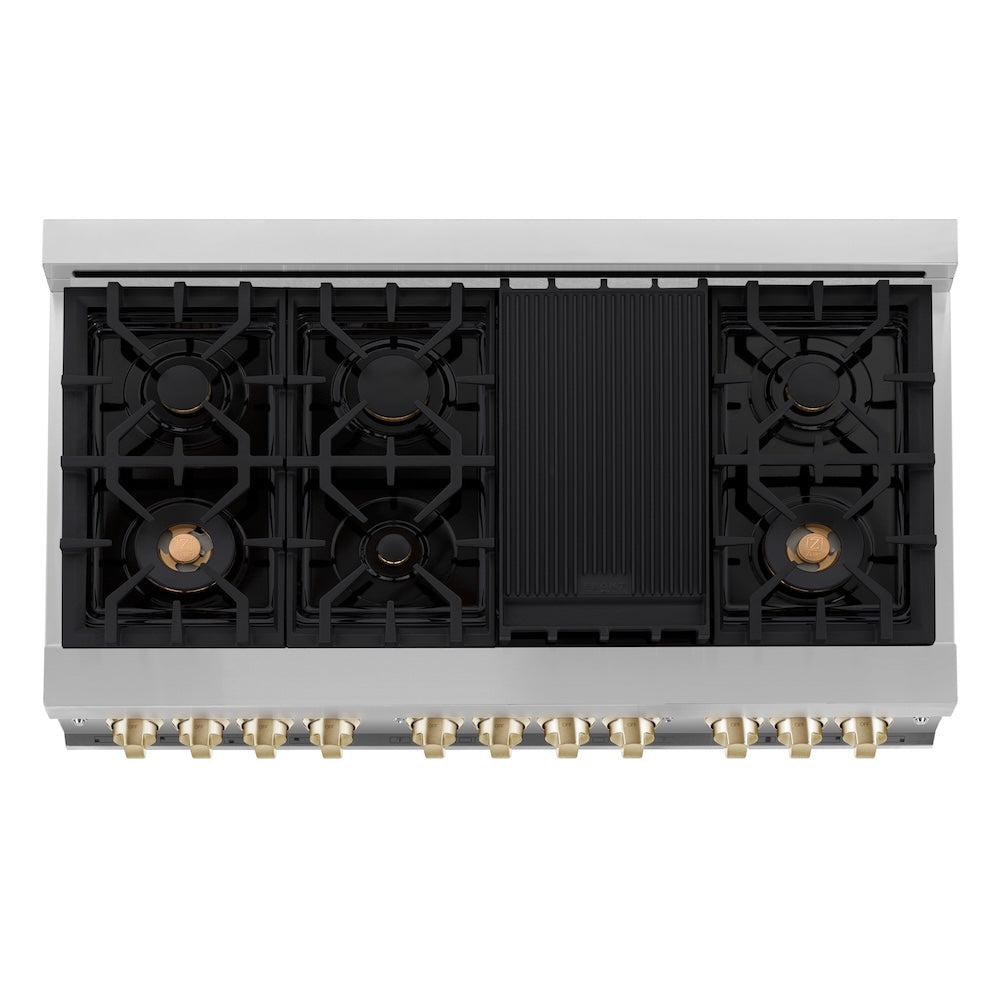 ZLINE Autograph Edition 48 in. 6.0 cu. ft. Legacy Dual Fuel Range with 7 Burner Gas Cooktop and 2 Electric Ovens in Stainless Steel and Champagne Bronze Accents (RAZ-48-CB)