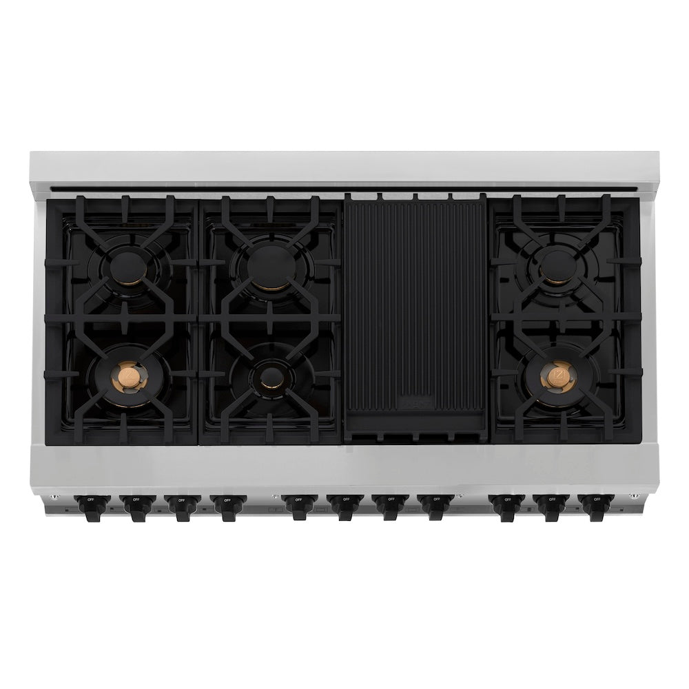 ZLINE Autograph Edition 48 in. 6.0 cu. ft. Legacy Dual Fuel Range with 7 Burner Gas Cooktop and 2 Electric Ovens in Stainless Steel and Champagne Bronze Accents (RAZ-48-CB)