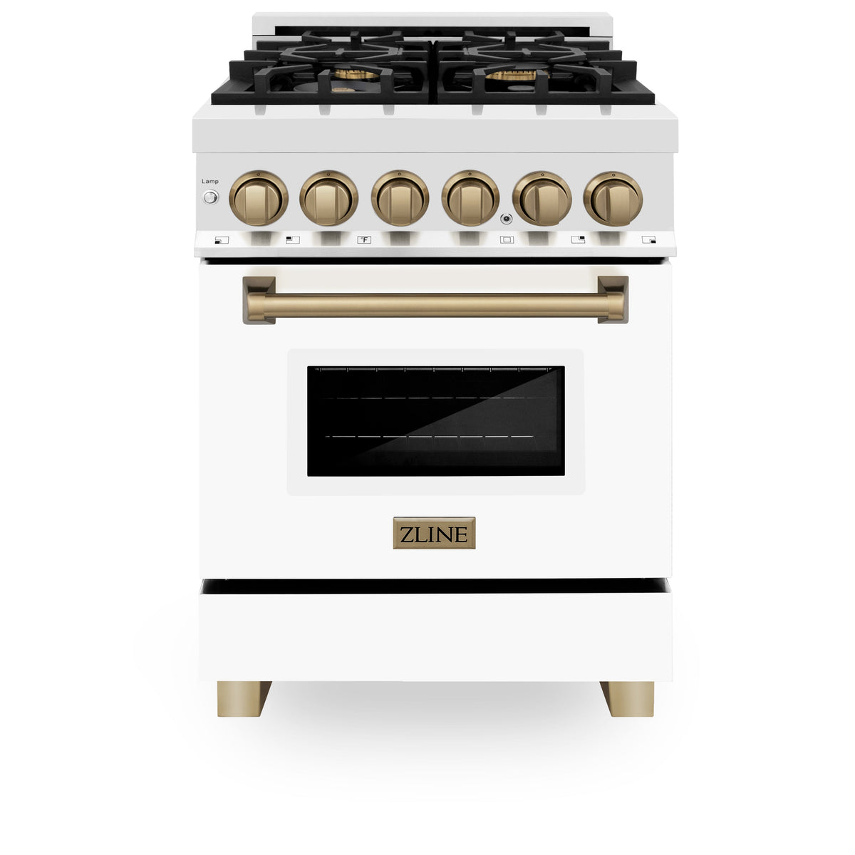 ZLINE Autograph Edition 24 in. 2.8 cu. ft. Legacy Dual Fuel Range with 4 Burner Gas Cooktop and Electric Convection Oven in Stainless Steel and Champagne Bronze Accents (RAZ-24-CB)