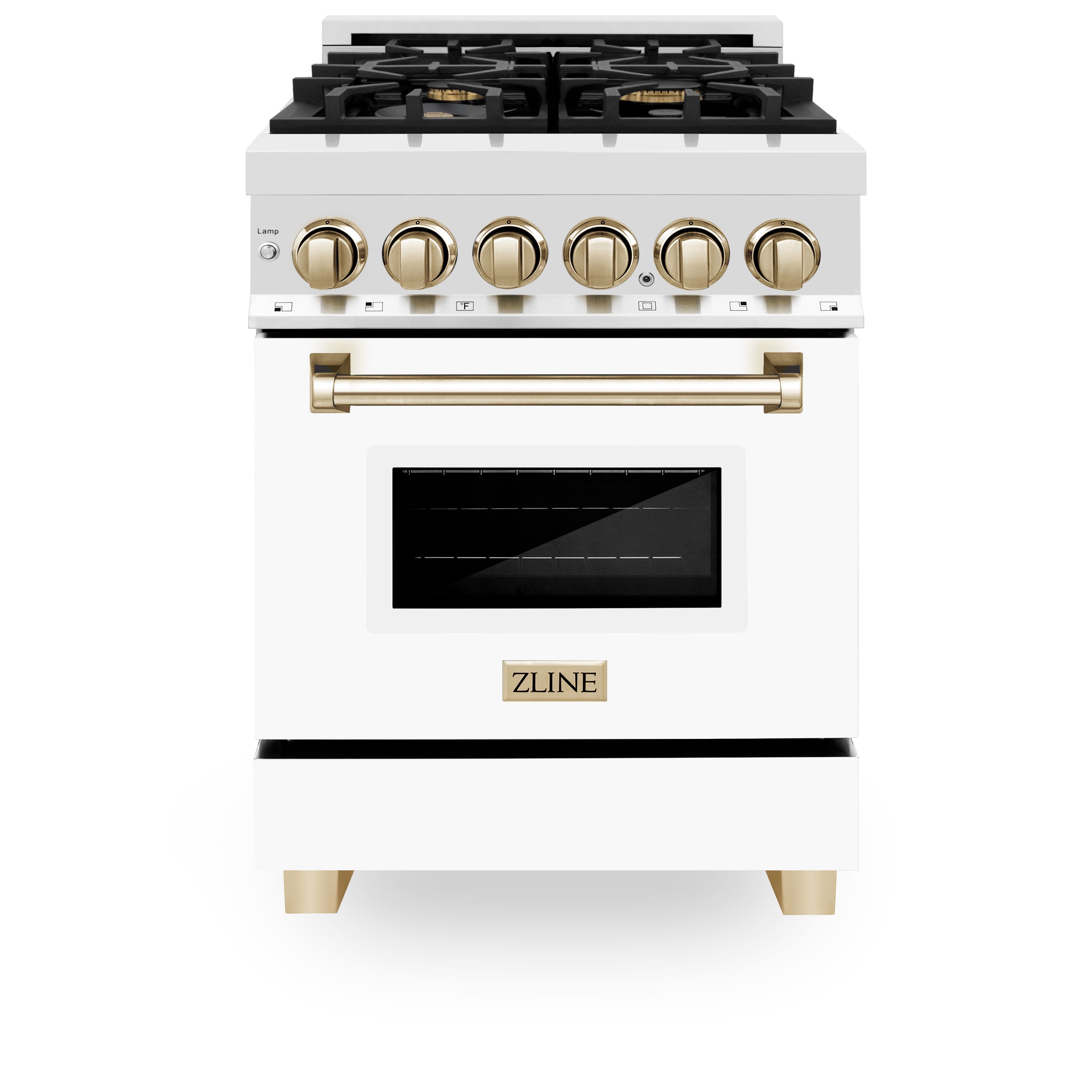 ZLINE Autograph Edition 24 in. 2.8 cu. ft. Legacy Dual Fuel Range with 4 Burner Gas Cooktop and Electric Convection Oven in Stainless Steel and Champagne Bronze Accents (RAZ-24-CB)