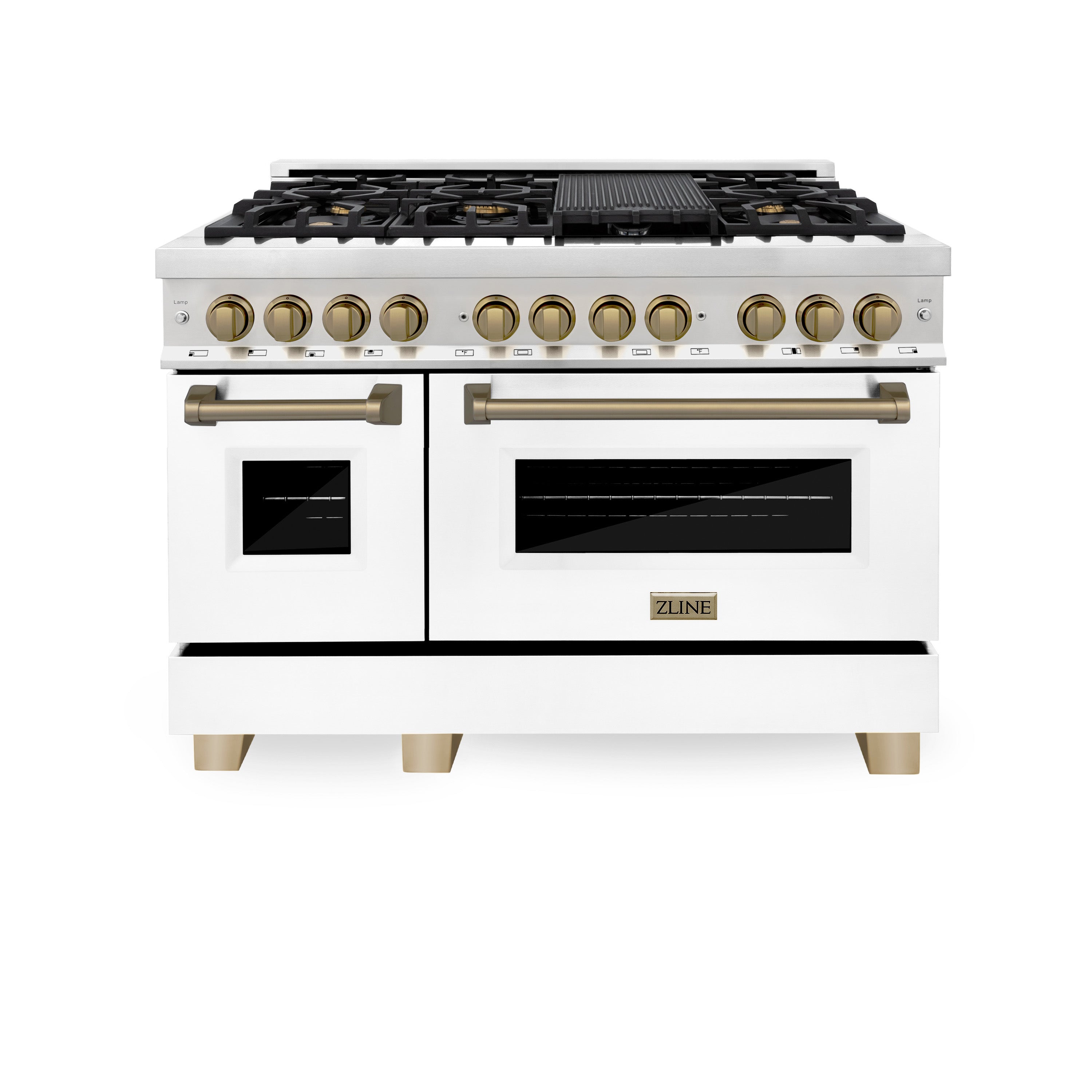 ZLINE Autograph Edition 48 in. 6.0 cu. ft. Legacy Dual Fuel Range with 7 Burner Gas Cooktop and 2 Electric Ovens in Stainless Steel and Champagne Bronze Accents (RAZ-48-CB)
