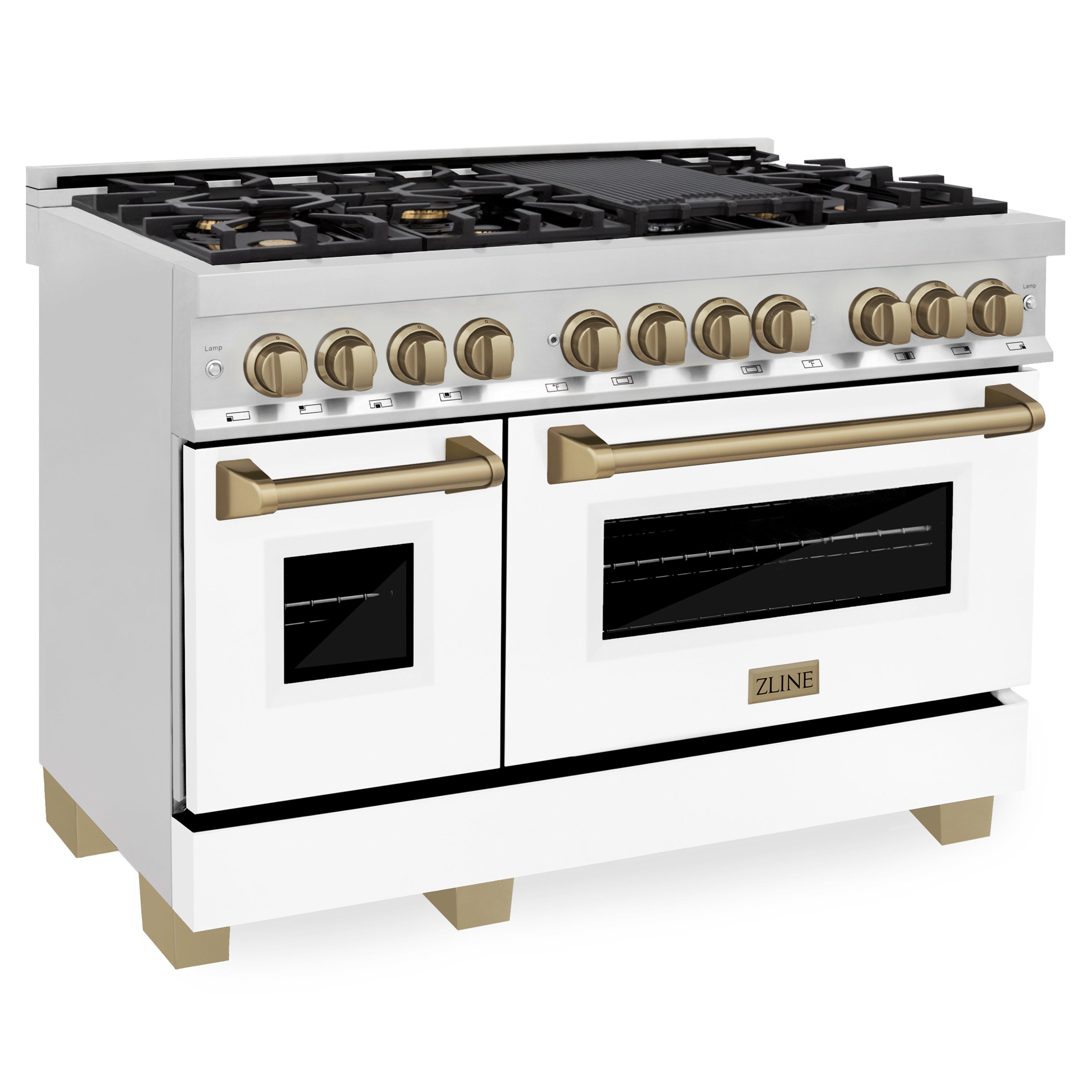 ZLINE Autograph Edition 48 in. 6.0 cu. ft. Legacy Dual Fuel Range with 7 Burner Gas Cooktop and 2 Electric Ovens in Stainless Steel and Champagne Bronze Accents (RAZ-48-CB)