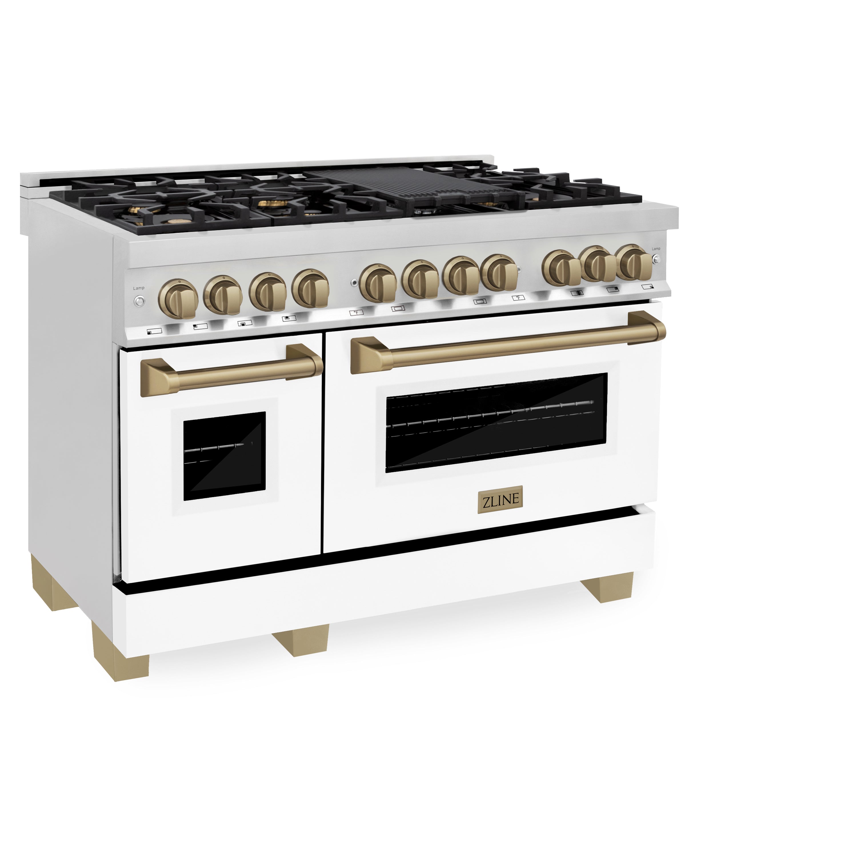 ZLINE Autograph Edition 48 in. 6.0 cu. ft. Legacy Dual Fuel Range with 7 Burner Gas Cooktop and 2 Electric Ovens in Stainless Steel and Champagne Bronze Accents (RAZ-48-CB)