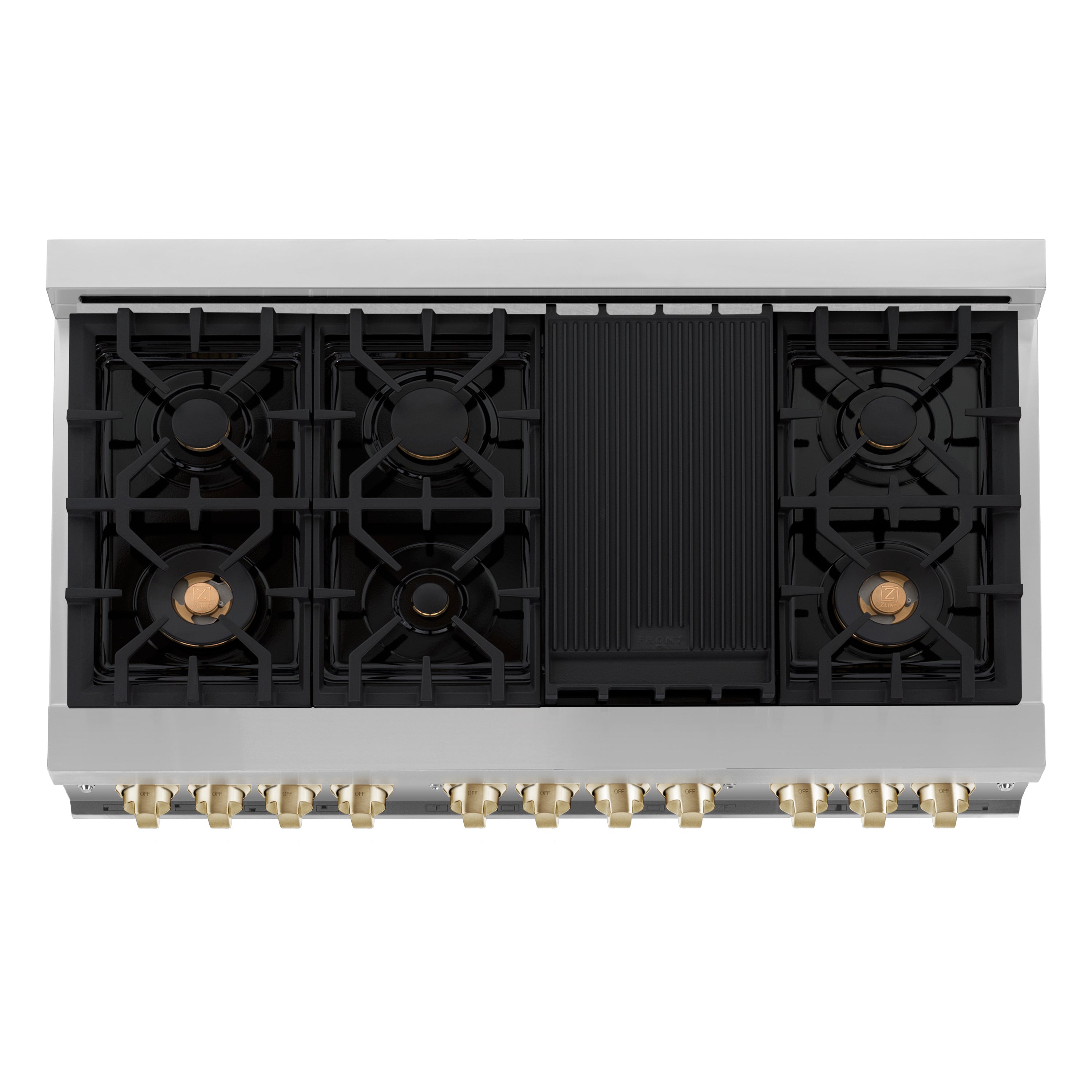 ZLINE Autograph Edition 48 in. 6.0 cu. ft. Legacy Dual Fuel Range with 7 Burner Gas Cooktop and 2 Electric Ovens in Stainless Steel and Champagne Bronze Accents (RAZ-48-CB)