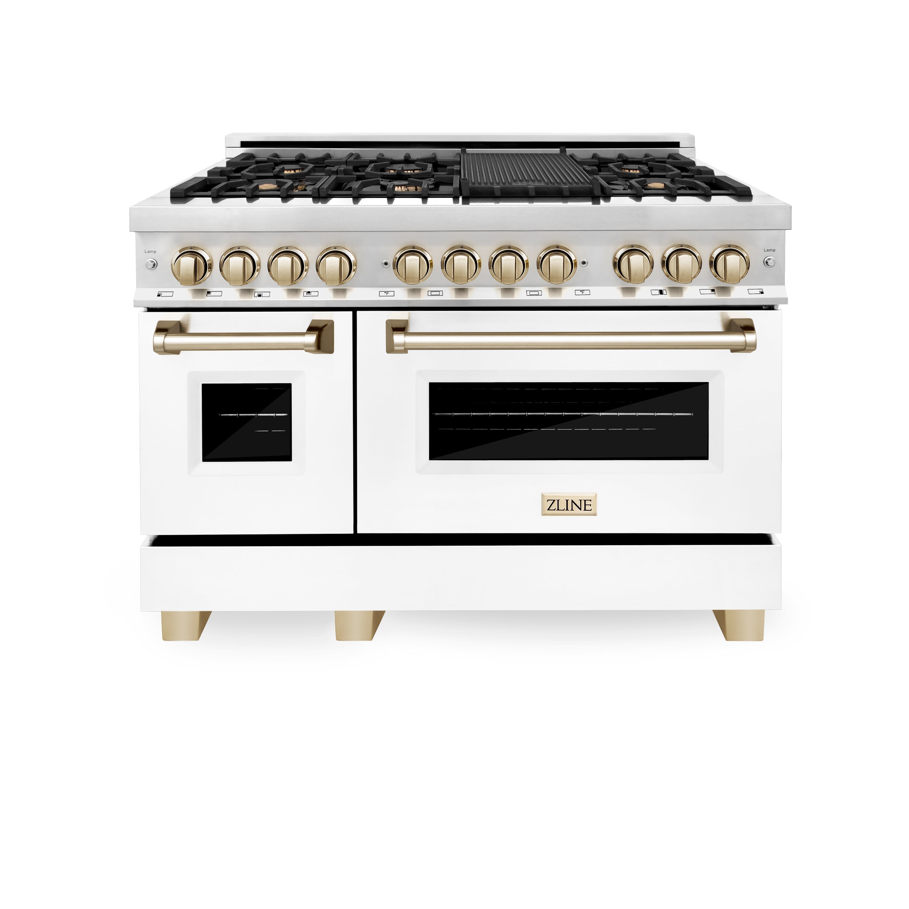 ZLINE Autograph Edition 48 in. 6.0 cu. ft. Legacy Dual Fuel Range with 7 Burner Gas Cooktop and 2 Electric Ovens in Stainless Steel and Champagne Bronze Accents (RAZ-48-CB)